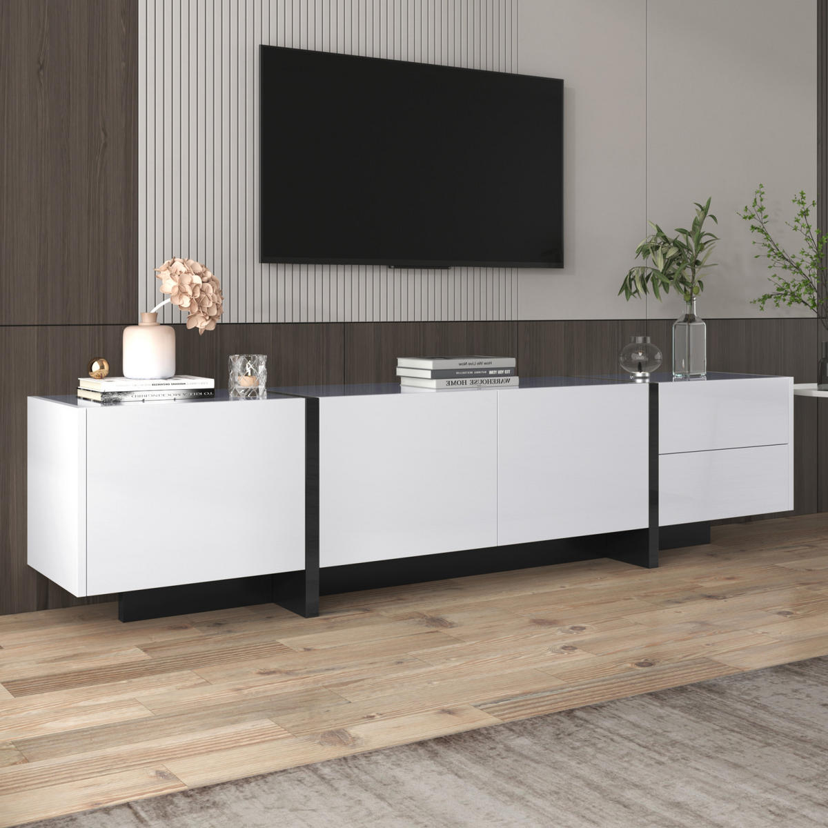 TV Lowboard 190x35x45 cm, Schubladen, Weiß - Weiß, Holz (190/45/35cm)