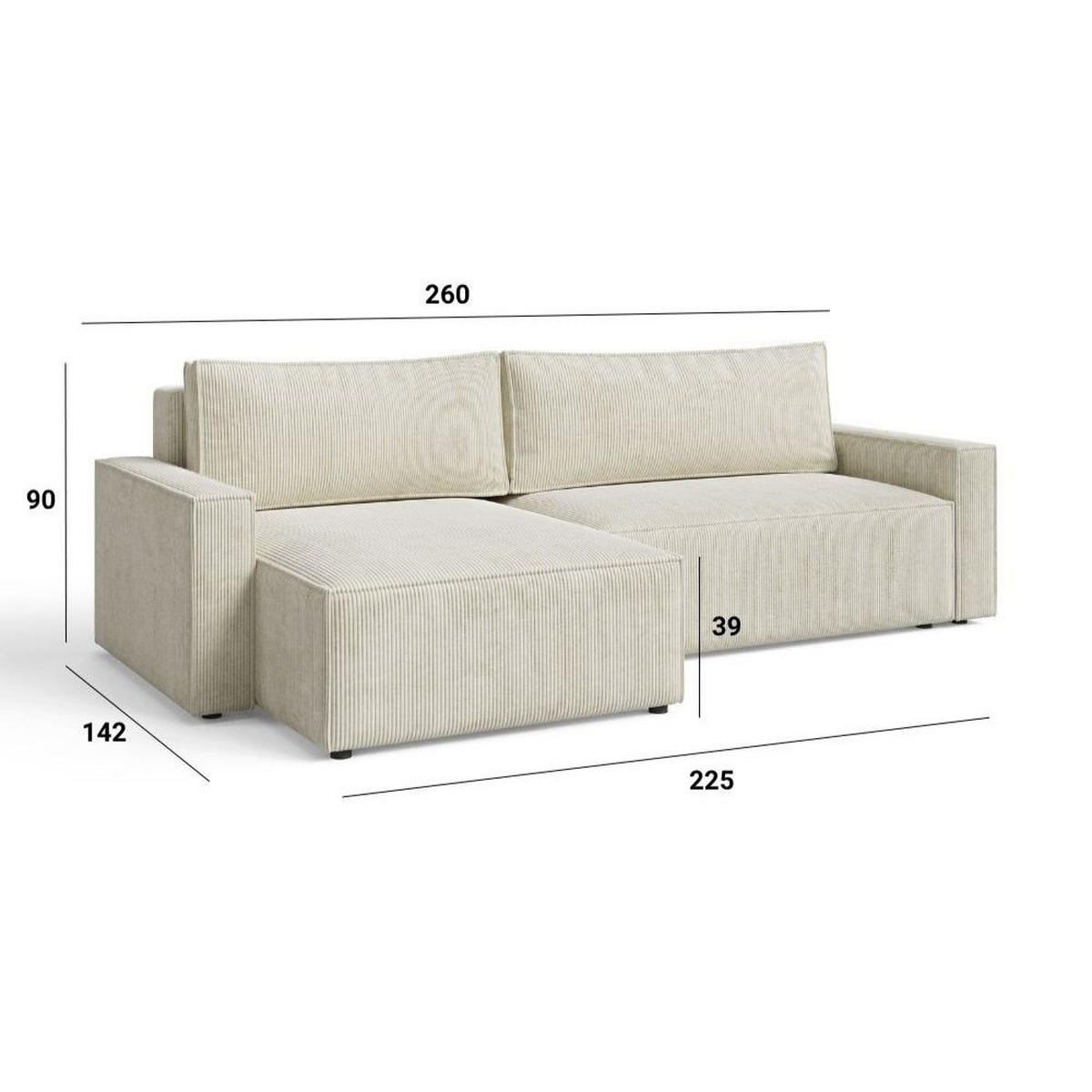 ECKSOFA LIVIO L mit Schlaffunktion und Bettkasten, weicher, dicker Cord pet friendly - POSO 135 - Schwarz, Holz (230/90/195cm) - Dekori_Interiors