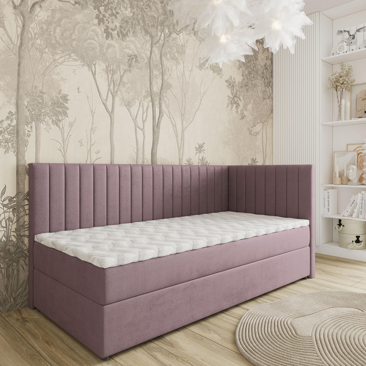 BOXBETT ARIS 80x200 cm mit Matratze und Topper, H2+H3 - Rosa - Rosa, Holz (80/200cm) - MASSENO