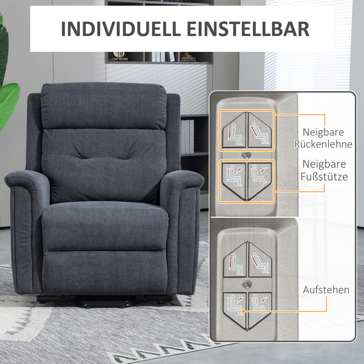 FERNSEHSESSEL mit Aufstehhilfe, Dunkelgrau - Dunkelgrau/Schwarz, Textil/Metall (87/108/92cm) - HOMCOM