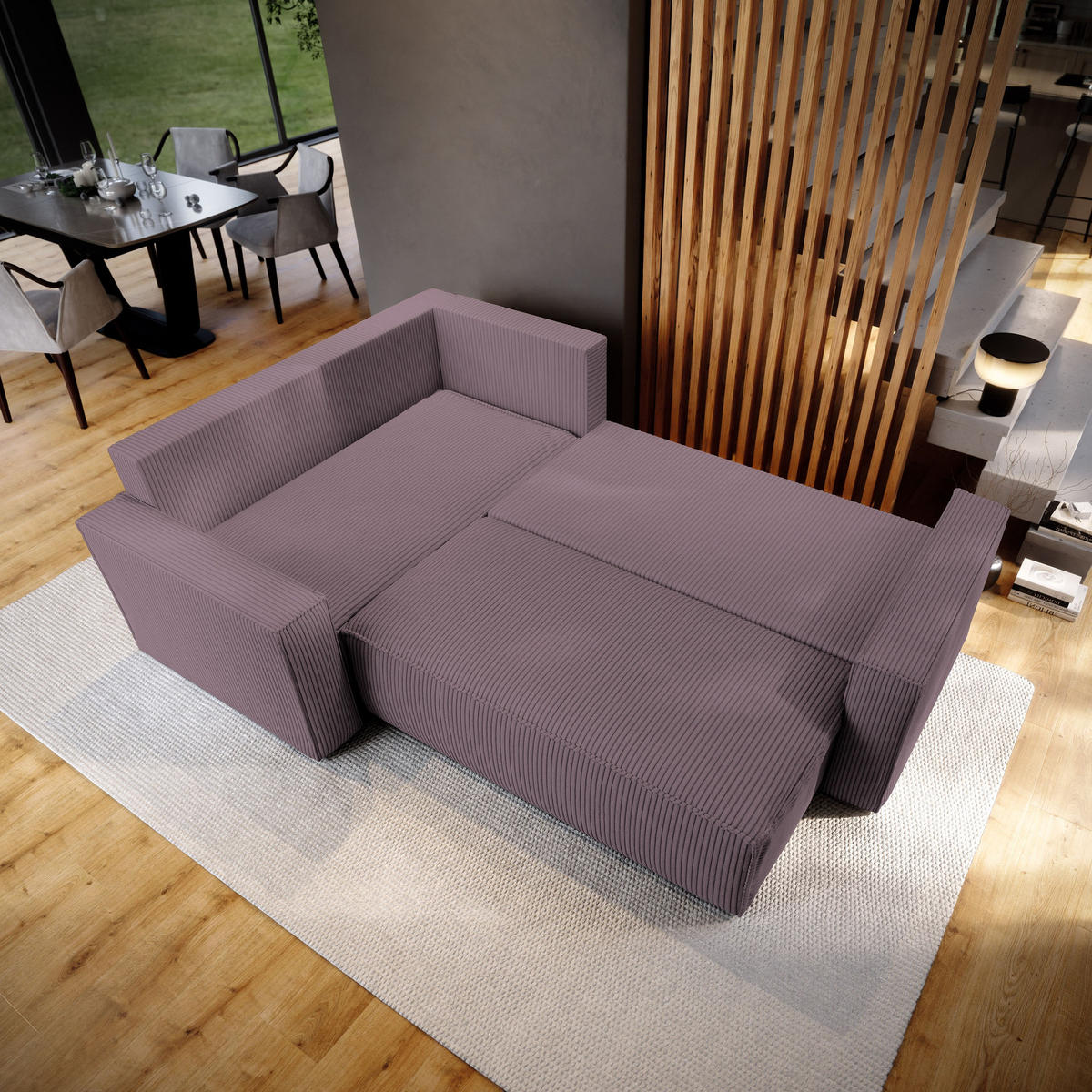 ECKSOFA ESTANO L-S Lila Kordstoff mit Schlaffunktion - Lila, Holz (230/158cm) - MASSENO