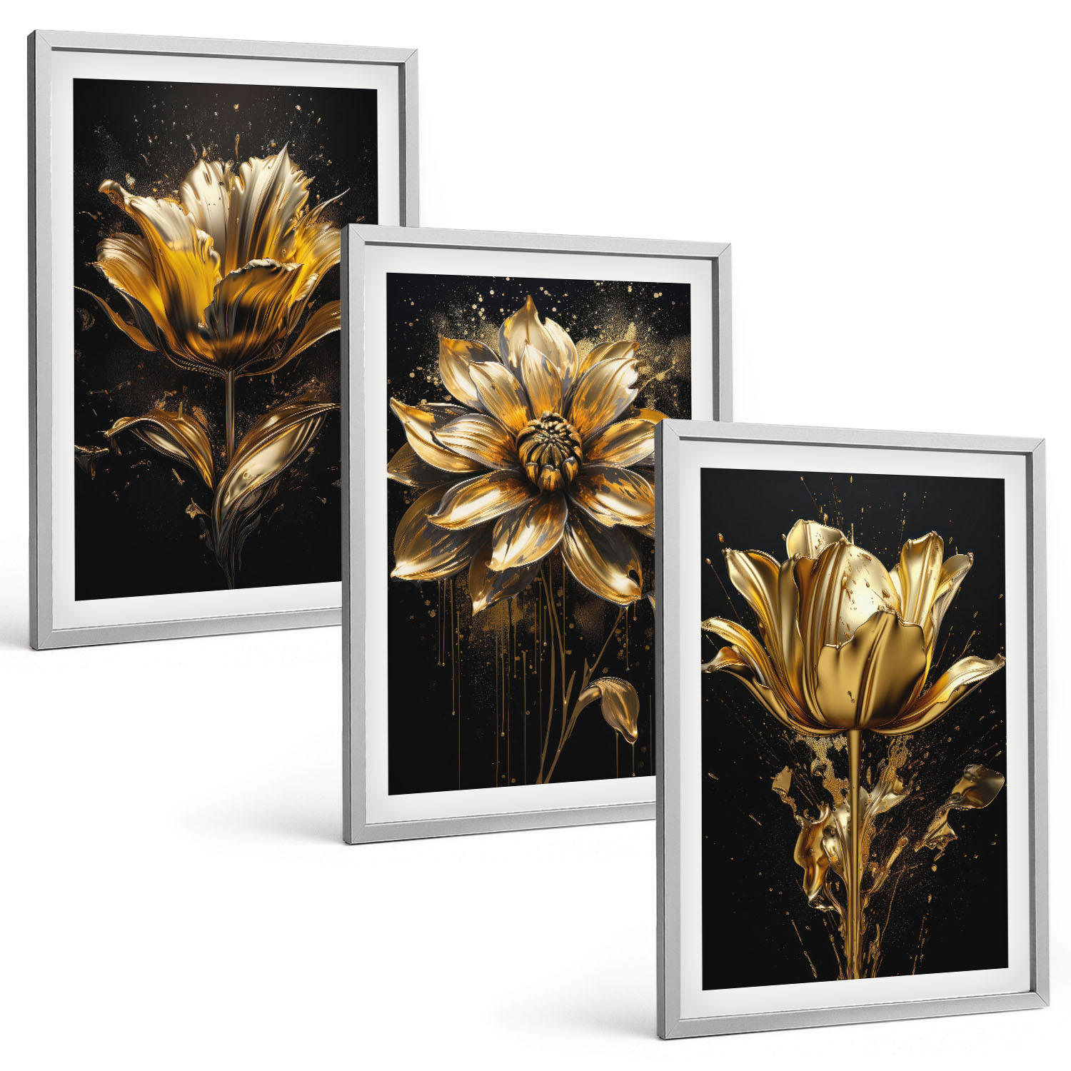 BILDER SET 3er Set - 40x60 cm Silberner Rahmen - Gelbe Blüten auf dunklem Hintergrund - Silberfarben, Kunststoff (40/60cm) - TULUP
