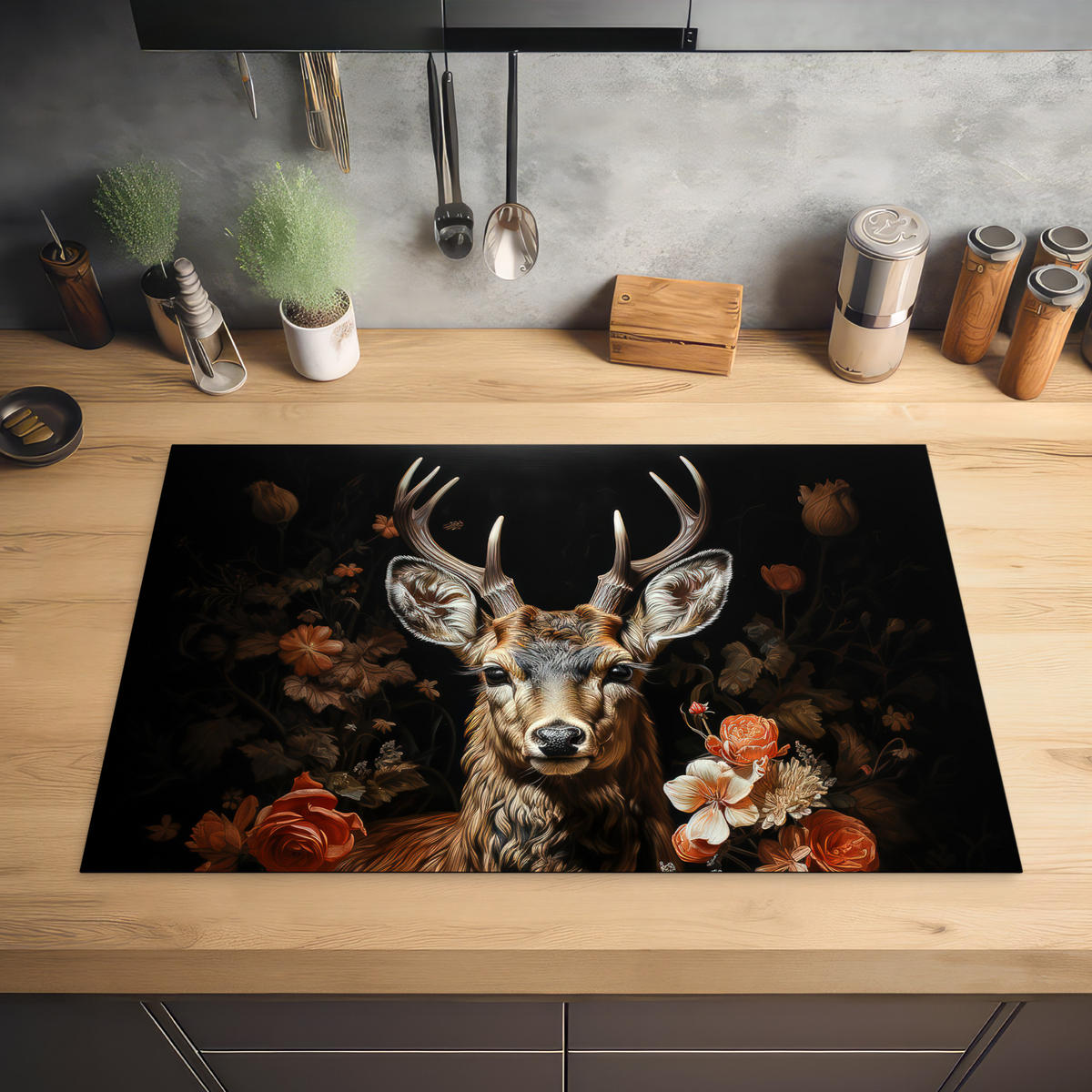 HERABDECKPLATTE - Hirsch - Tier - Blumen - Natur - Botanisch - 85x55 - Kupferfarben, Kunststoff (85/55/0.2cm) - MuchoWow