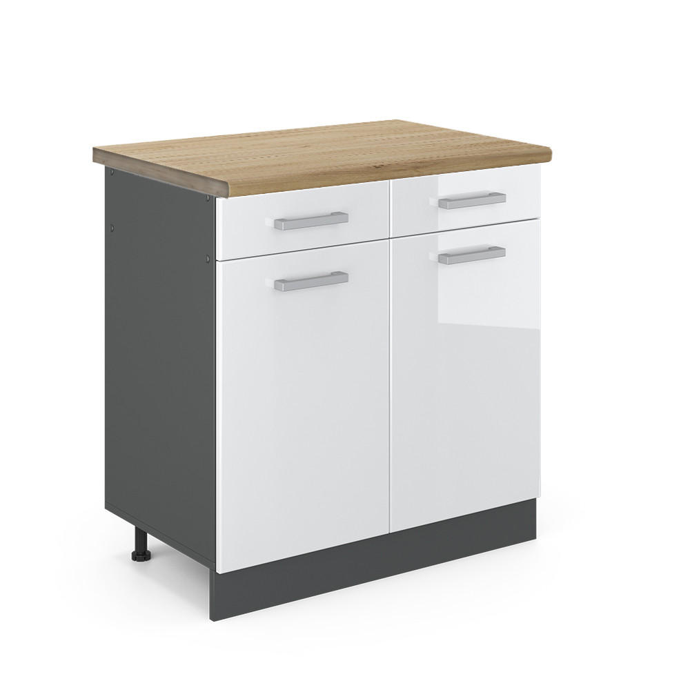 KÜCHENUNTERSCHRANK R-Line Weiß Hochglanz 80 cm, AP Eiche - Weiß Hochglanz/Anthrazit, Holzwerkstoff (80/81.6/60cm) - Vicco