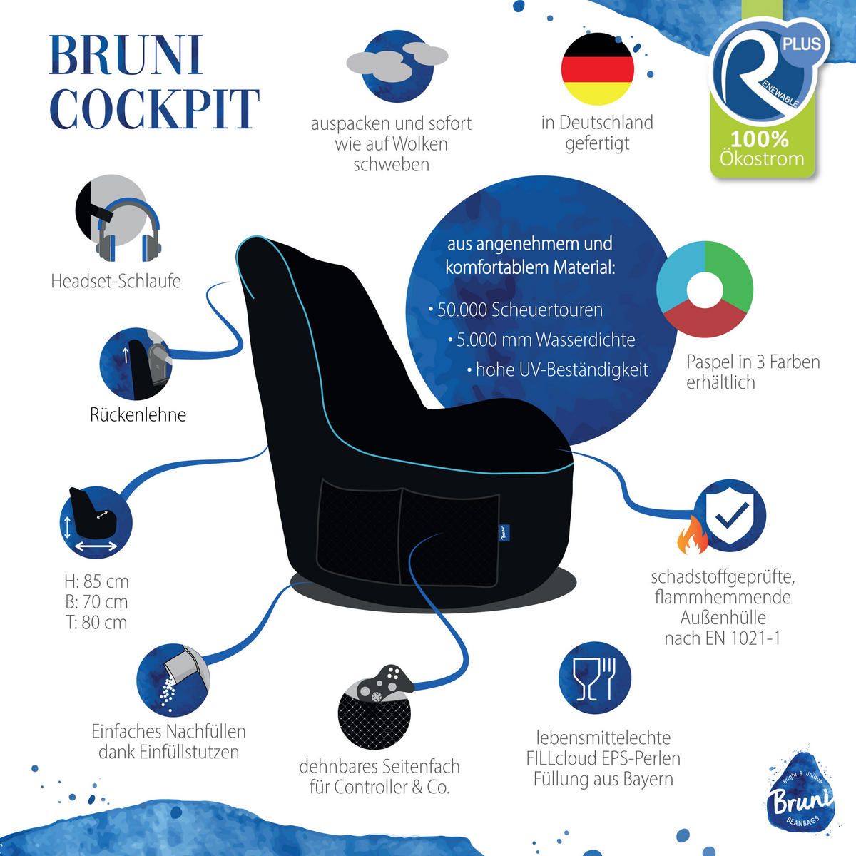 GAMING SITZSACK Cockpit, schwarz 'Green Edition' - Schwarz, Textil (60/59.5/106.5cm) - Bruni