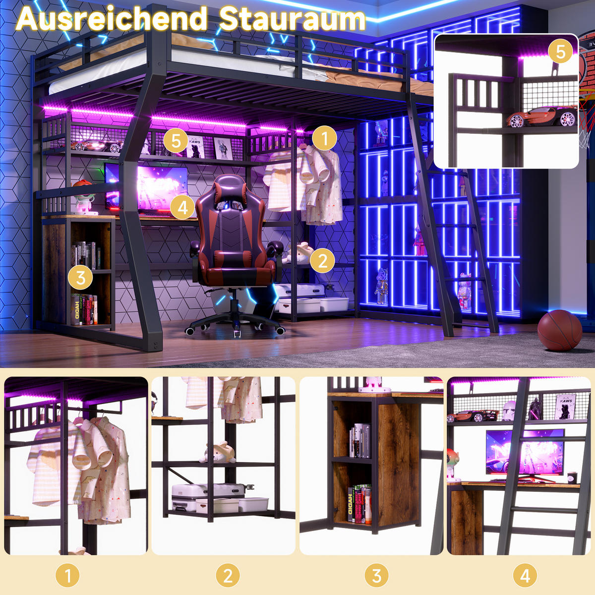 HOCHBETT 140/200 cm in Schwarz mit Lichtleiste, Steckdose, Schreibtisch und Staufächern aus Metall - Schwarz, Holzwerkstoff/Metall (140/200cm) - CHICFURN