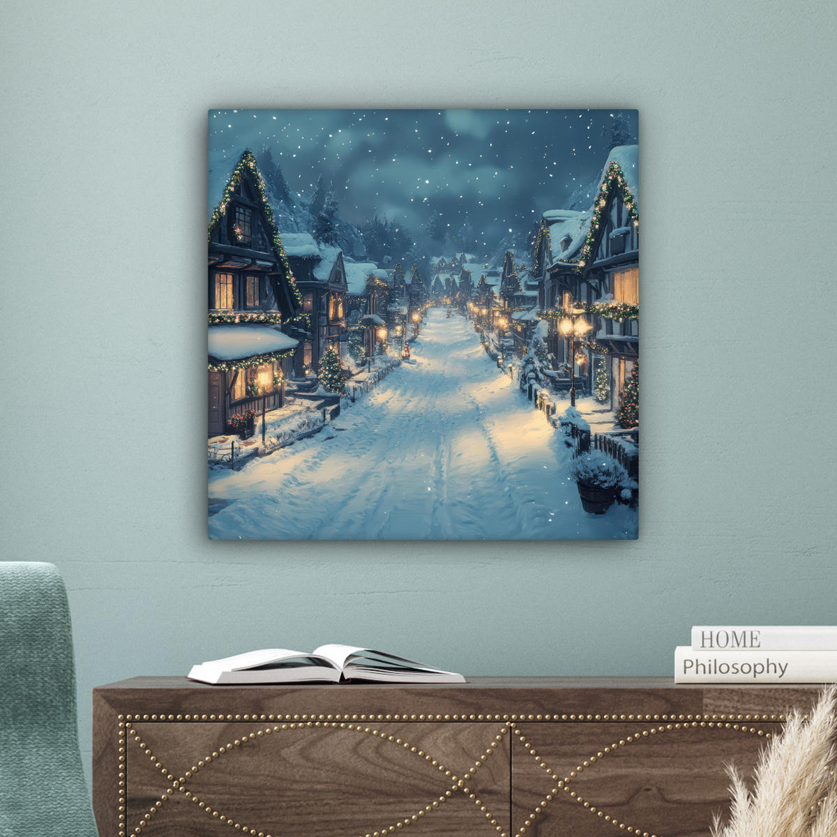 LEINWANDBILD Weihnachtsdorf - Weihnachten - Schnee - Winter 50x50 cm - Dunkelblau, Textil (50/50cm) - MuchoWow