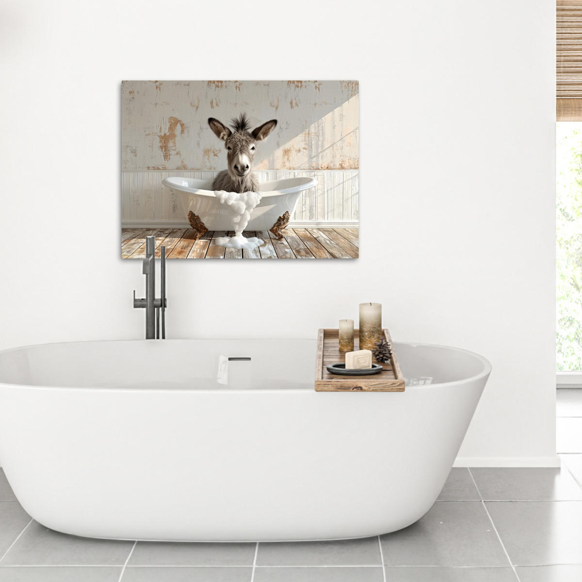 LEINWANDBILD Esel - Tiere - Badewanne - Schaumstoff Wandbilder 80x60 cm - Weiß, Textil (80/60cm) - MuchoWow