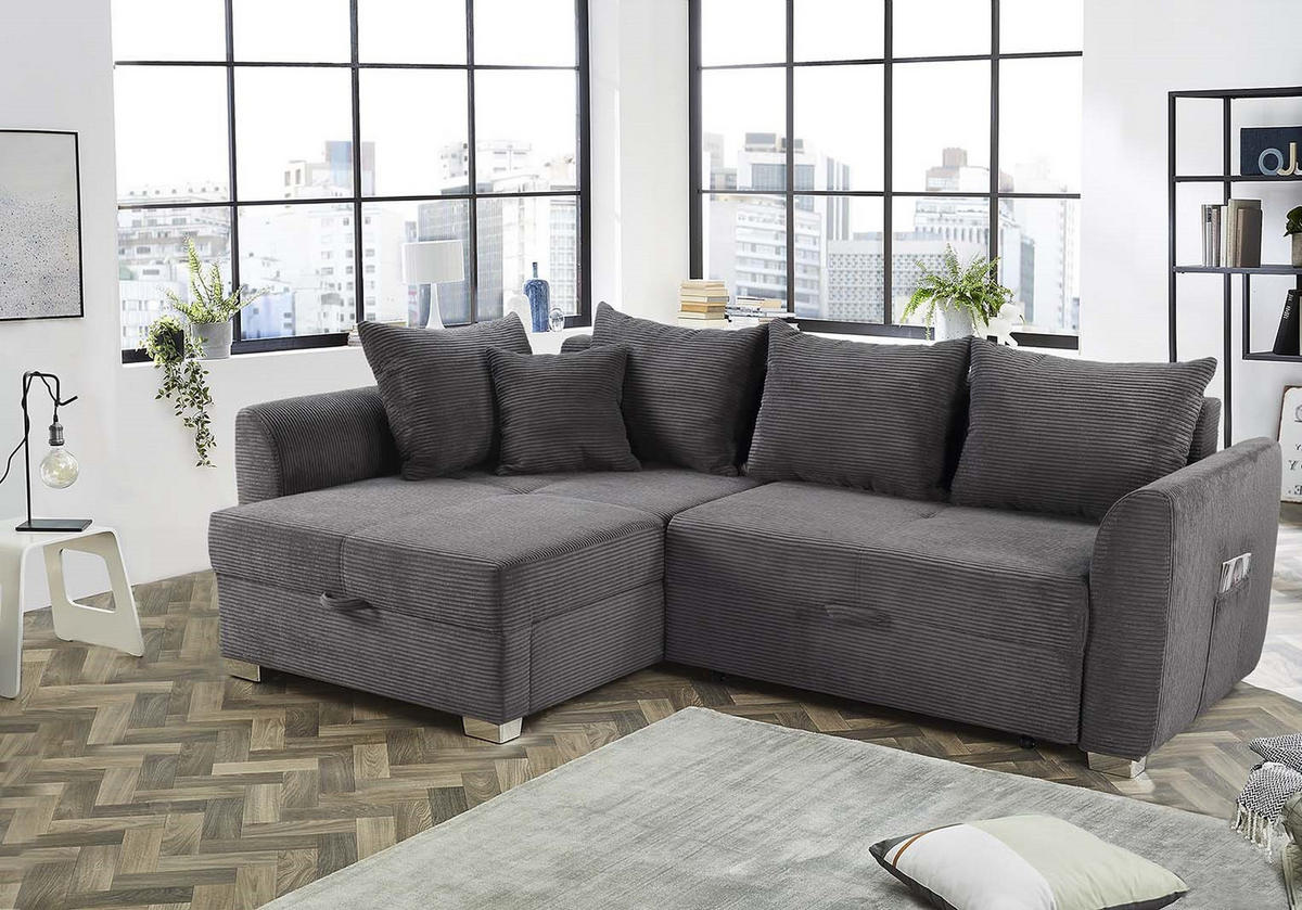 ECKSOFA mit Schlaffunktion und Bettkasten, seitenverkehrt montierbar B236/T160/H81 cm, Liegefl. 142x202 cm, Cord Grau Anthrazit / 15202 - Chromfarben/Schieferfarben, Kunststoff/Textil (236/160cm) - luma-home