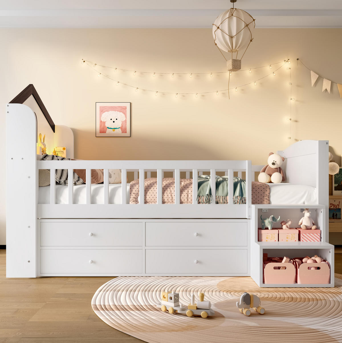 KINDERBETT 90/200 cm Weiß mit LED-Beleuchtung und 4 Schubladen - Weiß, Holz (90/200cm) - Flora Grace