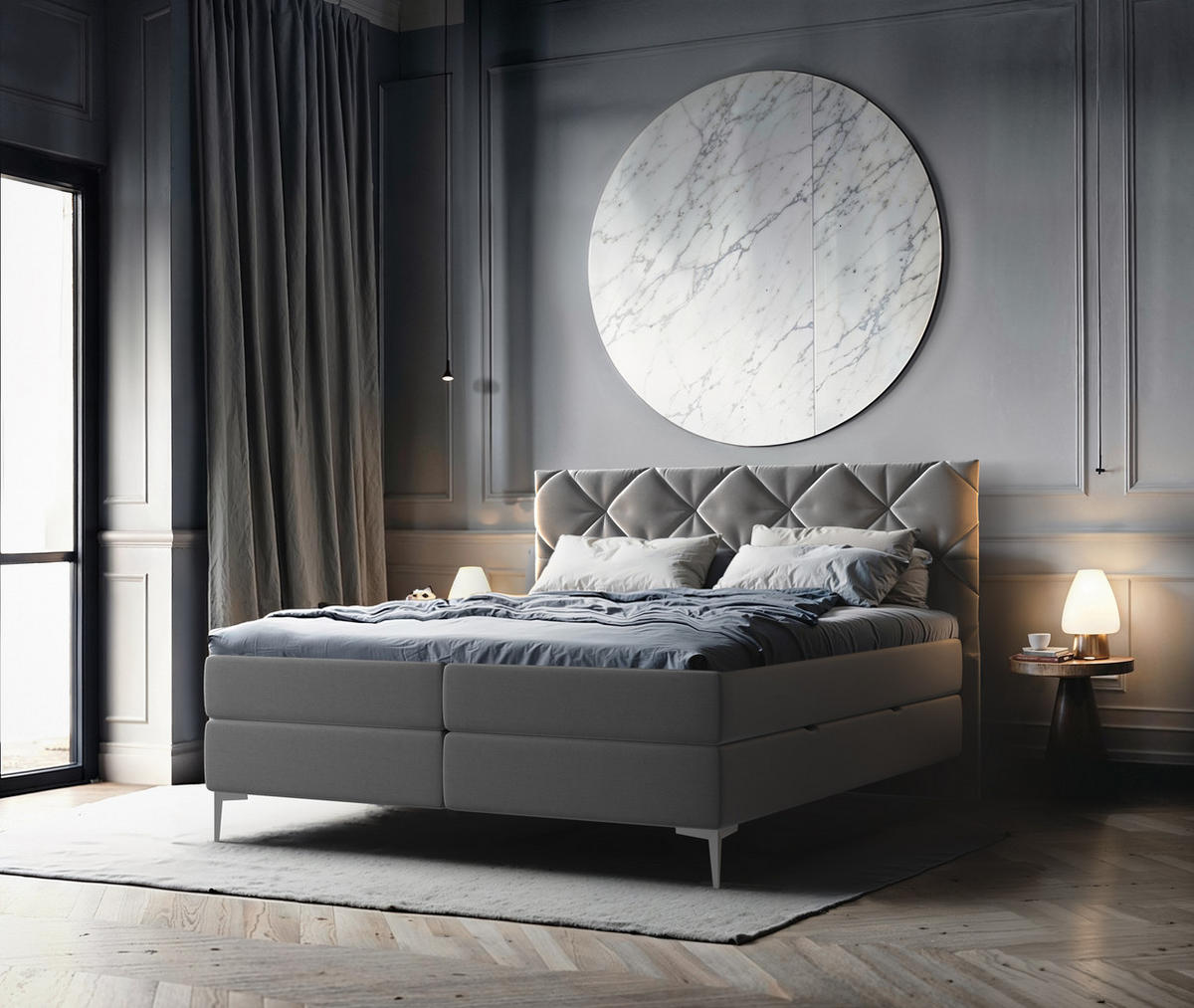 BOXSPRINGBETT Anmut 180x200 cm – Grau, mit Bettkasten und Kaltschaum-Topper - Grau, Textil (180/200cm)