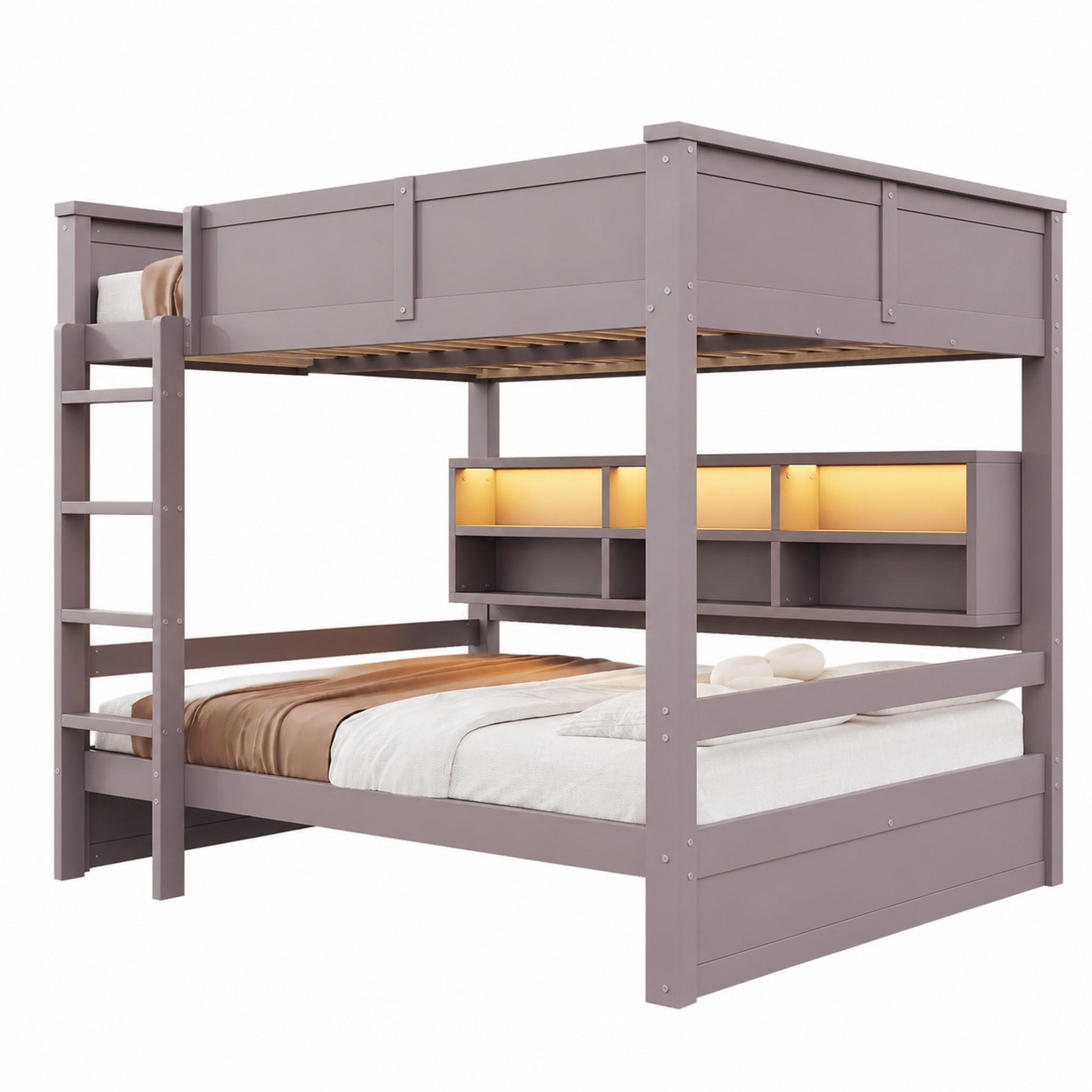 ETAGENBETT mit Stauraumschränken 160x200 cm Kiefer/MDF Braun mit LED - Braun, Holz (160/200cm) - Meubliv