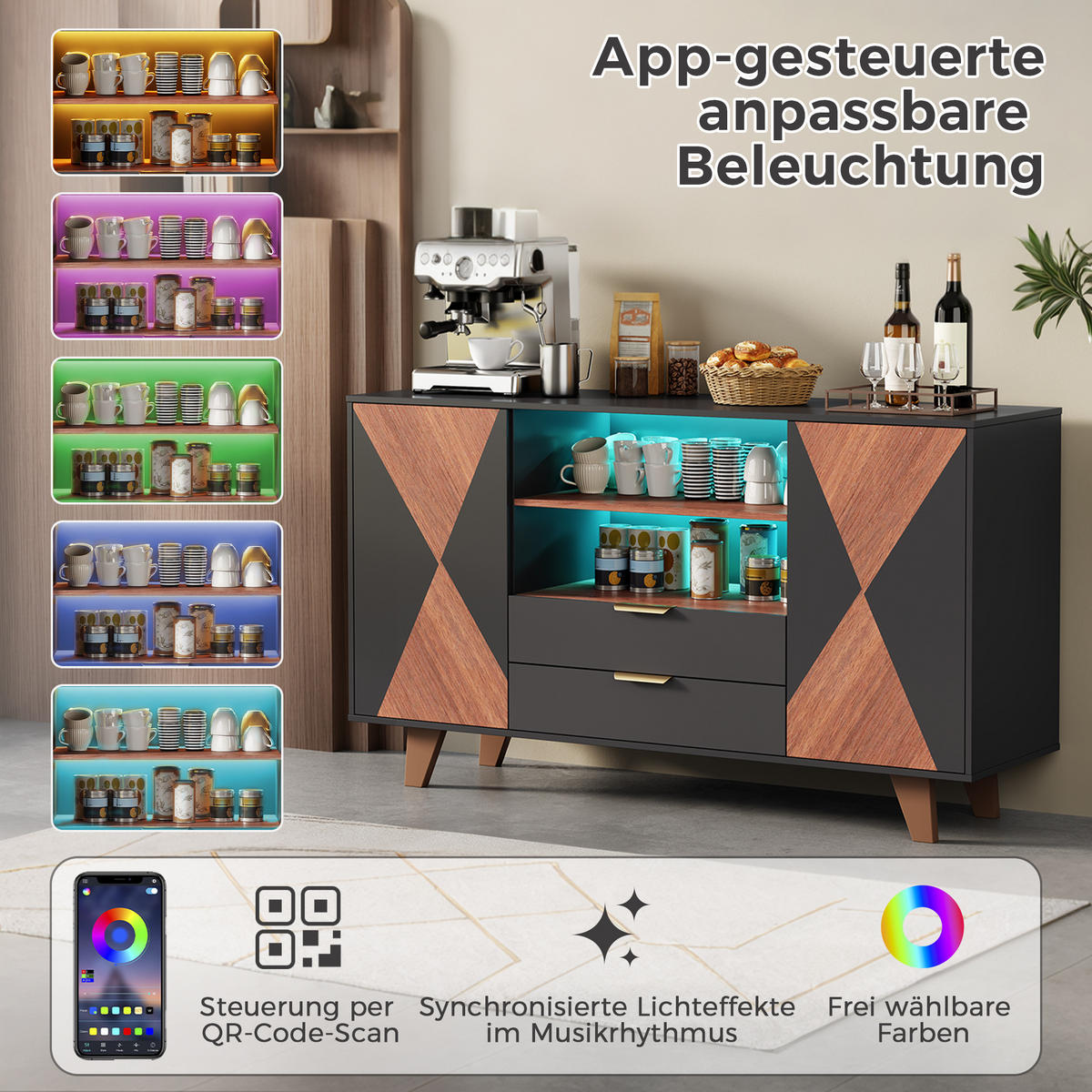 SIDEBOARD DE-38759 150/40/90 cm LED-Beleuchtung und 2 Schubladen Weiß - Schwarz, Holzwerkstoff (150/90/40cm) - ComfortXL