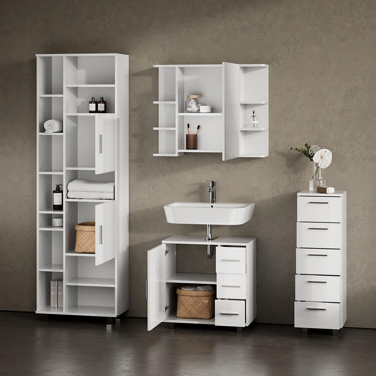 BADMÖBEL-SET Eisak Weiß Hochglanz 4 Teile - Weiß Hochglanz/Weiß, Holzwerkstoff (60/60/33cm) - Livinity®