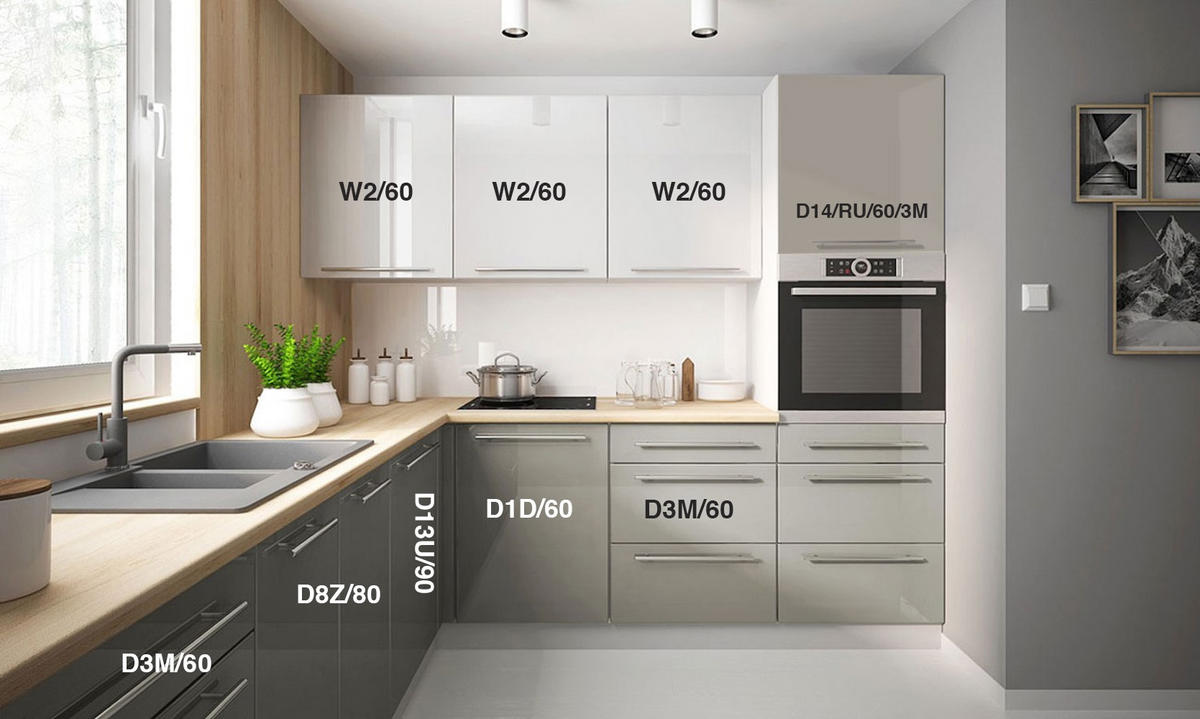 WINKELKÜCHE Brerra grau / verkehrsweiß-seidengrau hochglanz 9-teilig - Weiß/Grau, Holzwerkstoff (245/207/240cm) - Feldmann-Wohnen