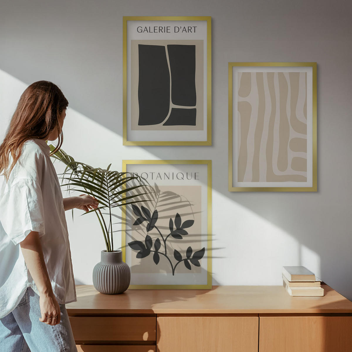 WANDBILDER 3er Set - 40x60 cm Goldrahmen - Abstrakte Pflanzenformen - Goldfarben, Kunststoff (40/60cm) - ArtPrintCave