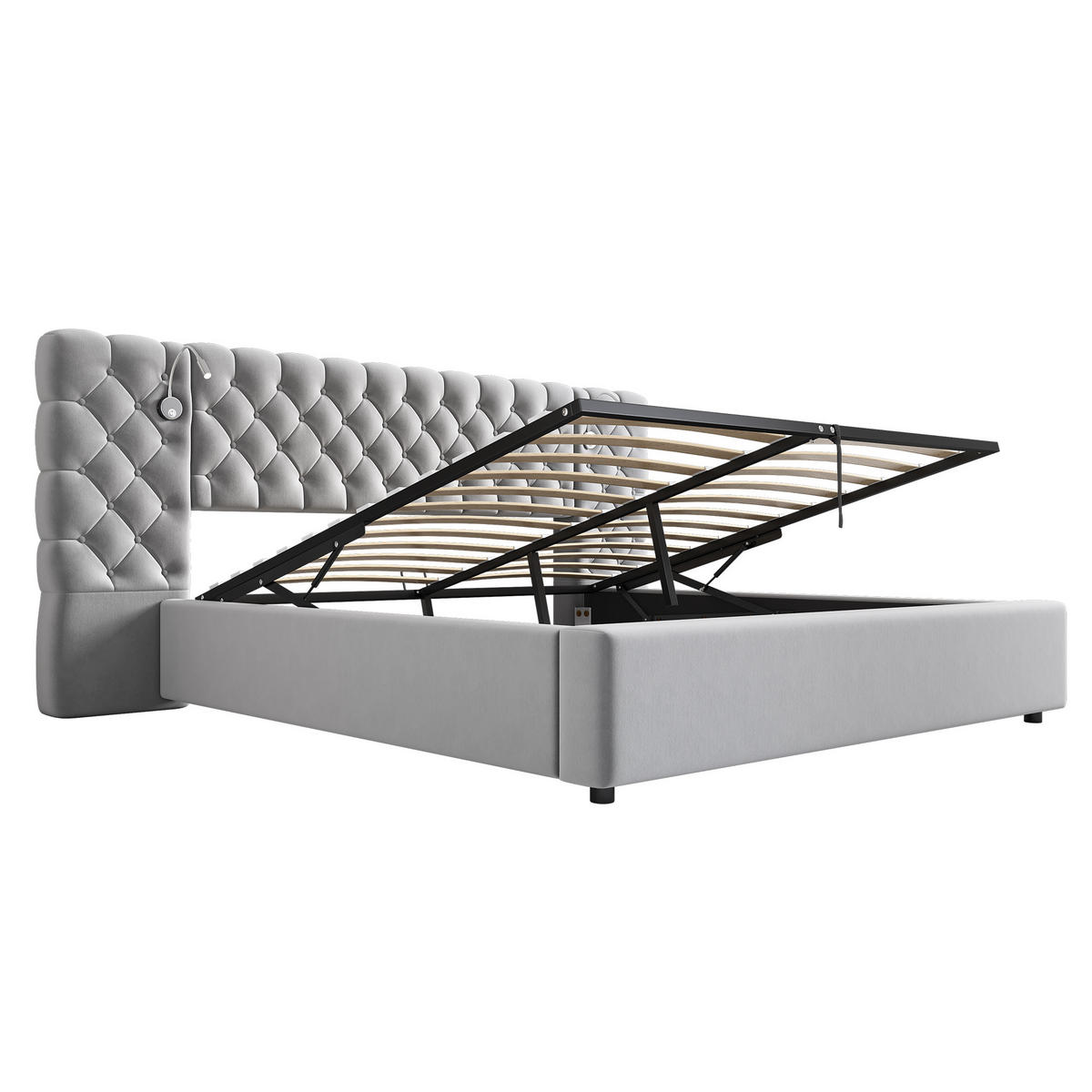 POLSTERBETT 180 x 200 cm in Samt mit LED-Beleuchtung - Grau, Holz/Textil (180/200cm) - KOMHTOM