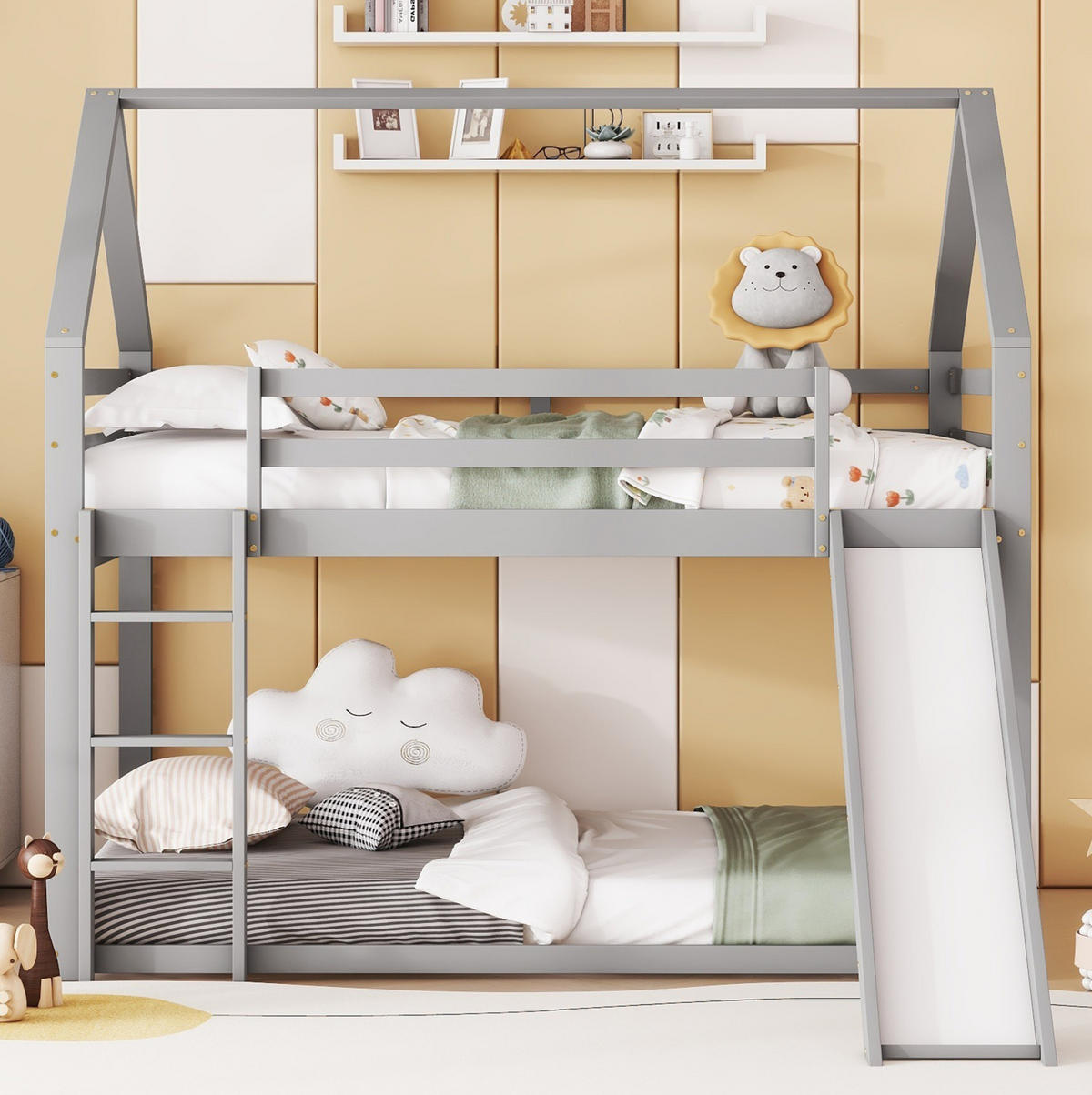 HAUS-ETAGENBETT aus Kiefernholz 140x200 cm Grau mit Rutsche und Leiter - Grau, Holzwerkstoff (140/200cm) - IVMEU