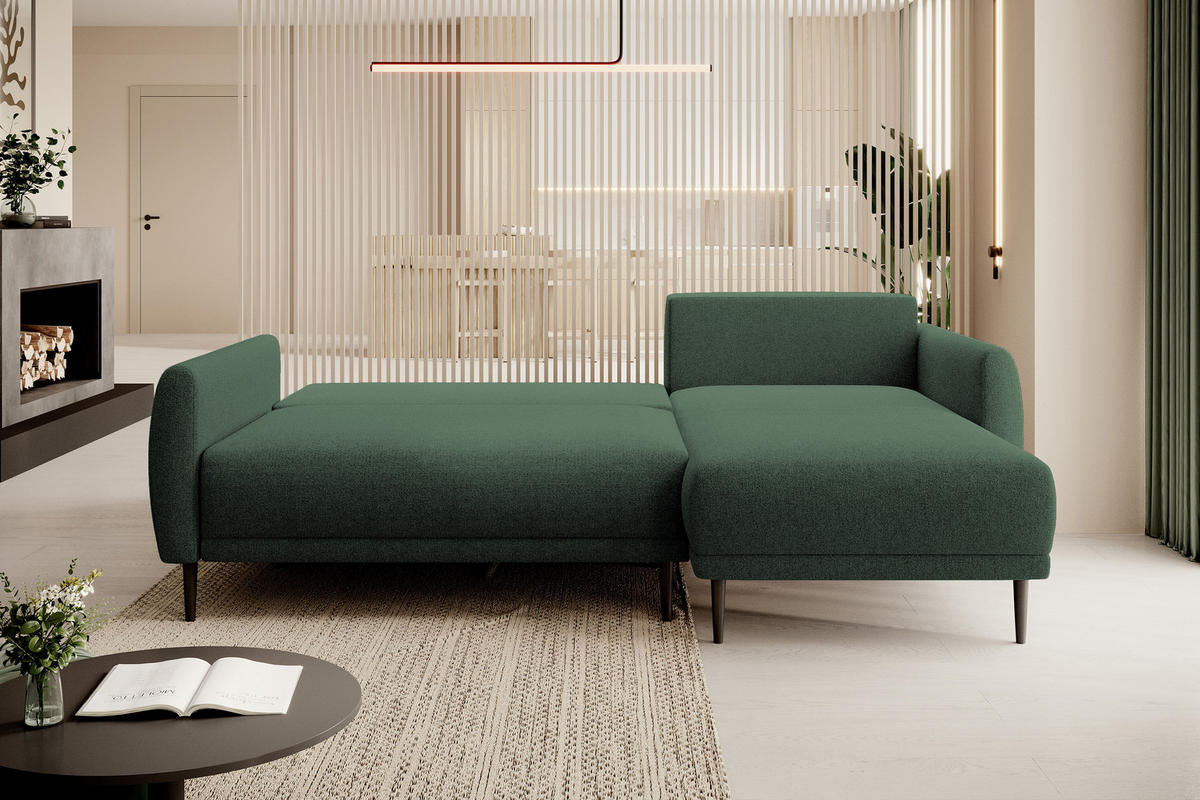 ECKSOFA Bono – Stilvolles Sofa mit Schlaffunktion, Robuste Holzfüße, Elegante Armlehnen, Tiefe Sitzfläche 226x164x88 cm – Rechte, Waldgrün - Waldgrün, Holz/Textil (226/164cm) - DomoHome
