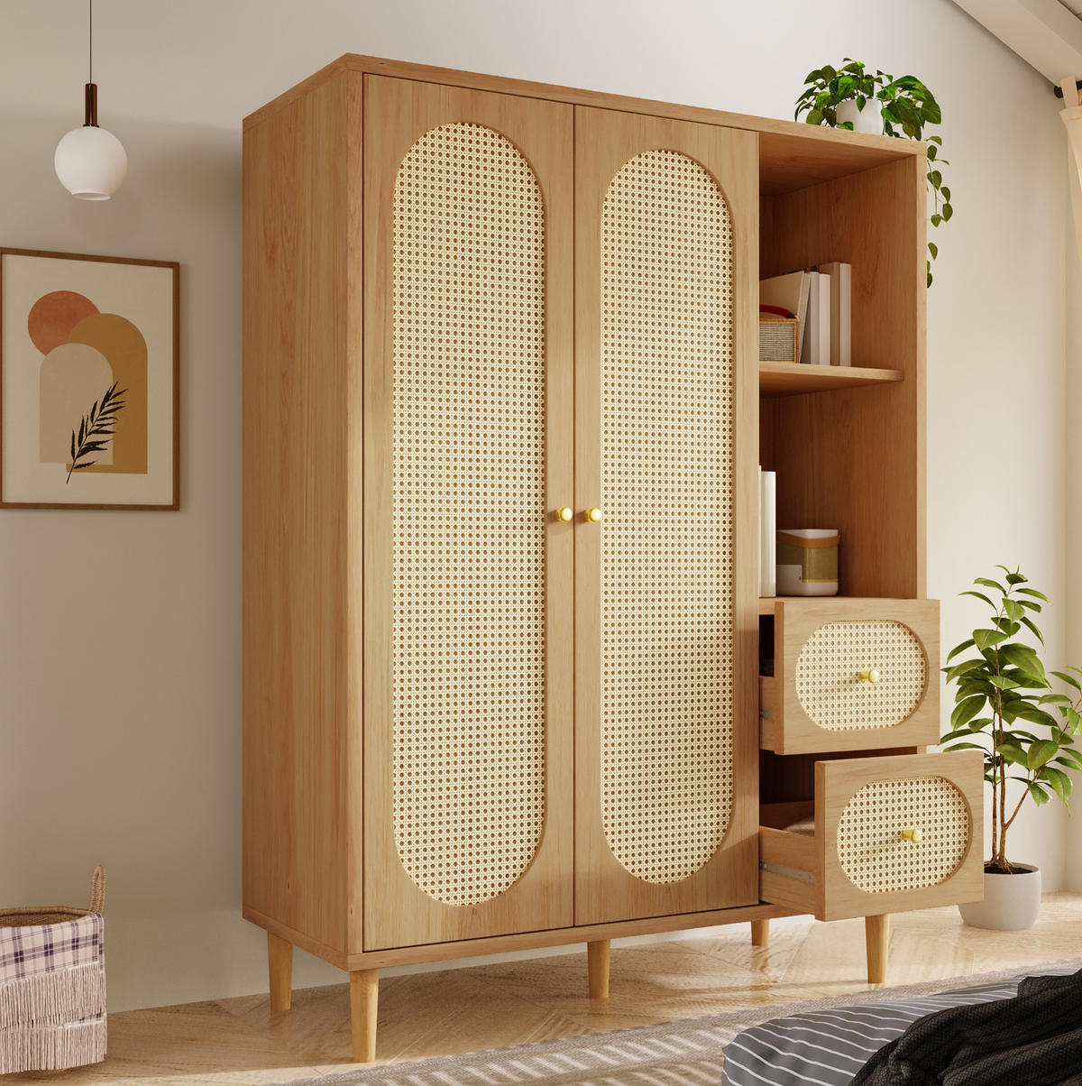KLEIDERSCHRANK 161/120/44 cm in Eiche mit Rattanfronten und 2 Schubladen - Eichefarben, Holz (120/161/44cm) - BEAOK