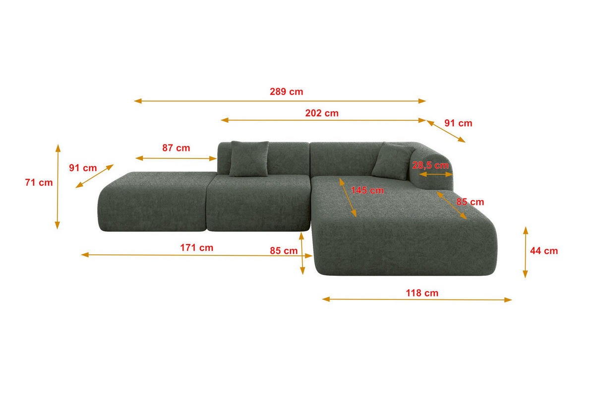 ECKSOFA Ottomane Rechts OVLY-L 289x176x71 Grün Chenille - Smaragdgrün/Schwarz, Holzwerkstoff/Kunststoff (289/176cm) - ALTDECOR