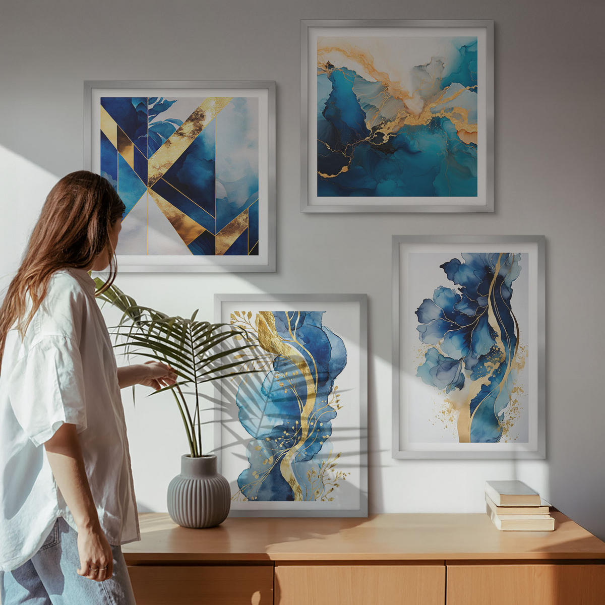 BILDER SET 4er Set - 50x50 cm & 40x60 cm Silberner Rahmen - Blaue abstrakte Muster - Silberfarben, Kunststoff (50/50cm) - TULUP