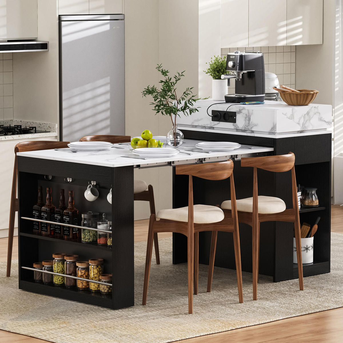 KÜCHENINSEL 83/96/46-146,5 cm Schwarz aus MDF und Glas mit ausziehbarer Tischplatte - Schwarz, Holzwerkstoff (46/96/83cm) - OKMYHOME