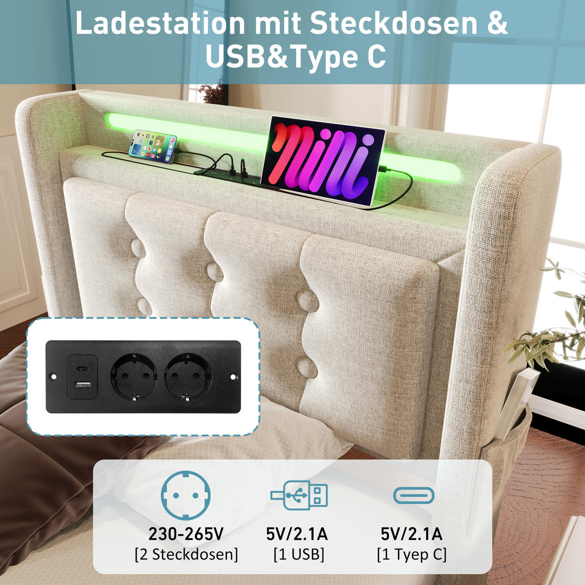 POLSTERBETT 90/200 cm mit LED-Kopfteil, Steckdose, USB-C und Bettkasten, Baumwoll-Leinen, Beige - Beige, Textil (90/200cm) - Redom