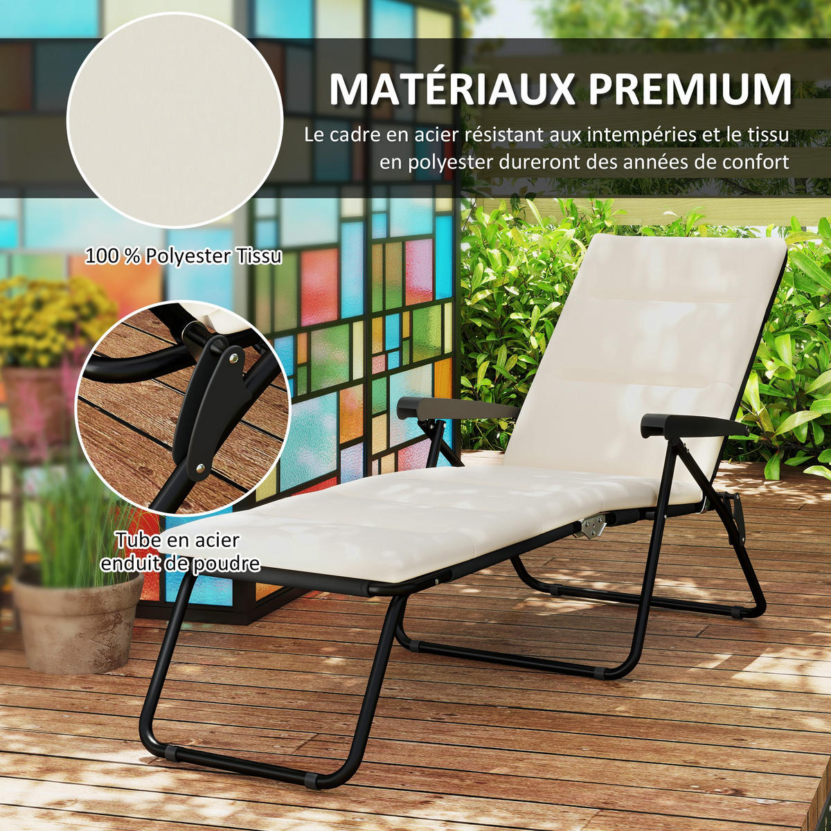 SONNENLIEGE DE-15653 153 cm, 6 Positionen, mit Matratze Creme - Creme, Metall (58.5/89/153cm) - ComfortXL