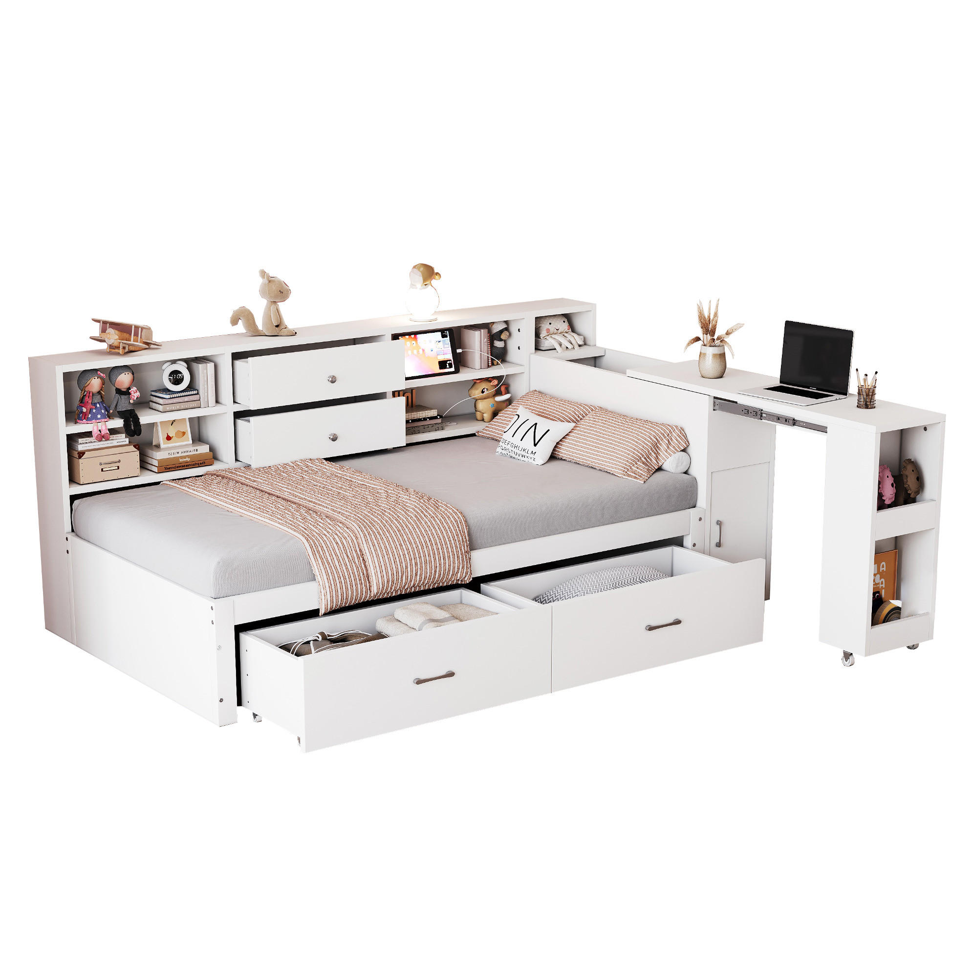 Modfu MULTIFUNKČNÍ postel z borovice, překližky a MDF 90x200 cm bílá s výsuvným psacím stolem, USB porty, zásuvkami a úložným prostorem