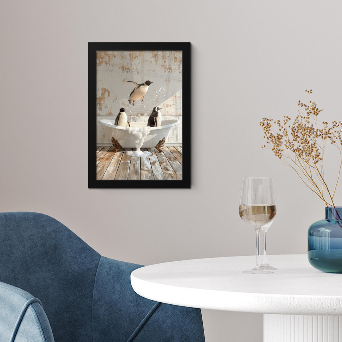 GERAHMTES BILD Vintage - Pinguin - Badewanne - Schaumstoff 20x30 cm - Schwarz, Papier (20/30cm) - MuchoWow