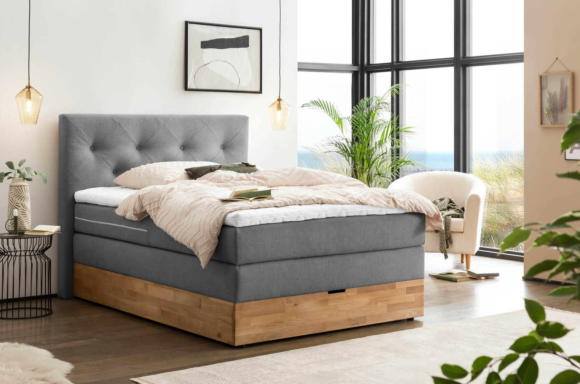 BOXSPRINGBETT MARBO 140x200 Anthrazit H2 und H3 mit Bettkasten 7-Zonen Taschenfederkern Matratze inkl. Visco Topper und Eiche - Anthrazit, Textil (140/200cm) - Belanoti