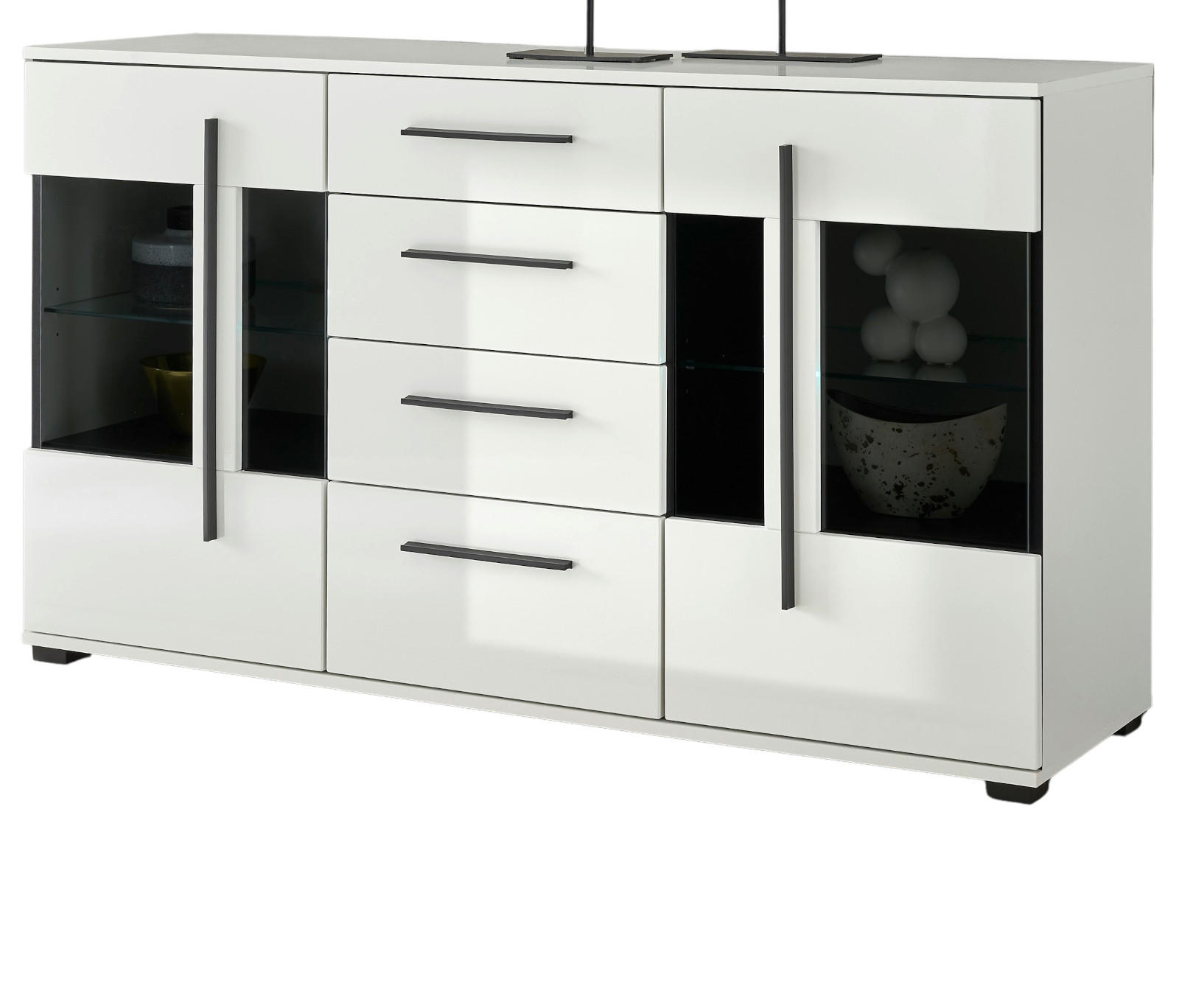 SIDEBOARD weiß Hochglanz 150 cm, Kommode mit Soft-Close - Weiß Hochglanz/Schwarz, Glas/Holzwerkstoff (150/86/42cm) - Furn.Design