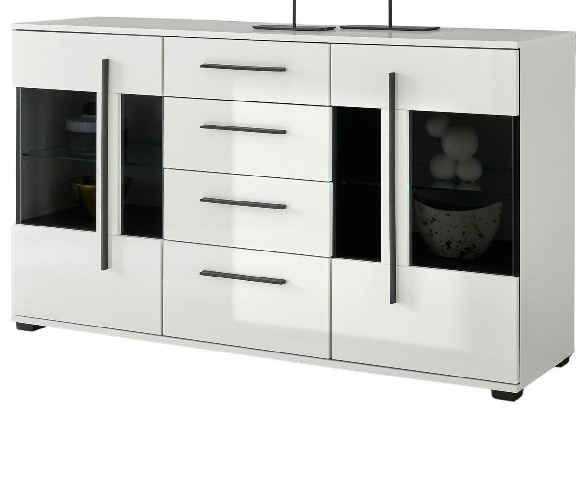SIDEBOARD weiß Hochglanz 150 cm, Kommode mit Soft-Close - Weiß Hochglanz/Schwarz, Glas/Holzwerkstoff (150/86/42cm) - Furn.Design