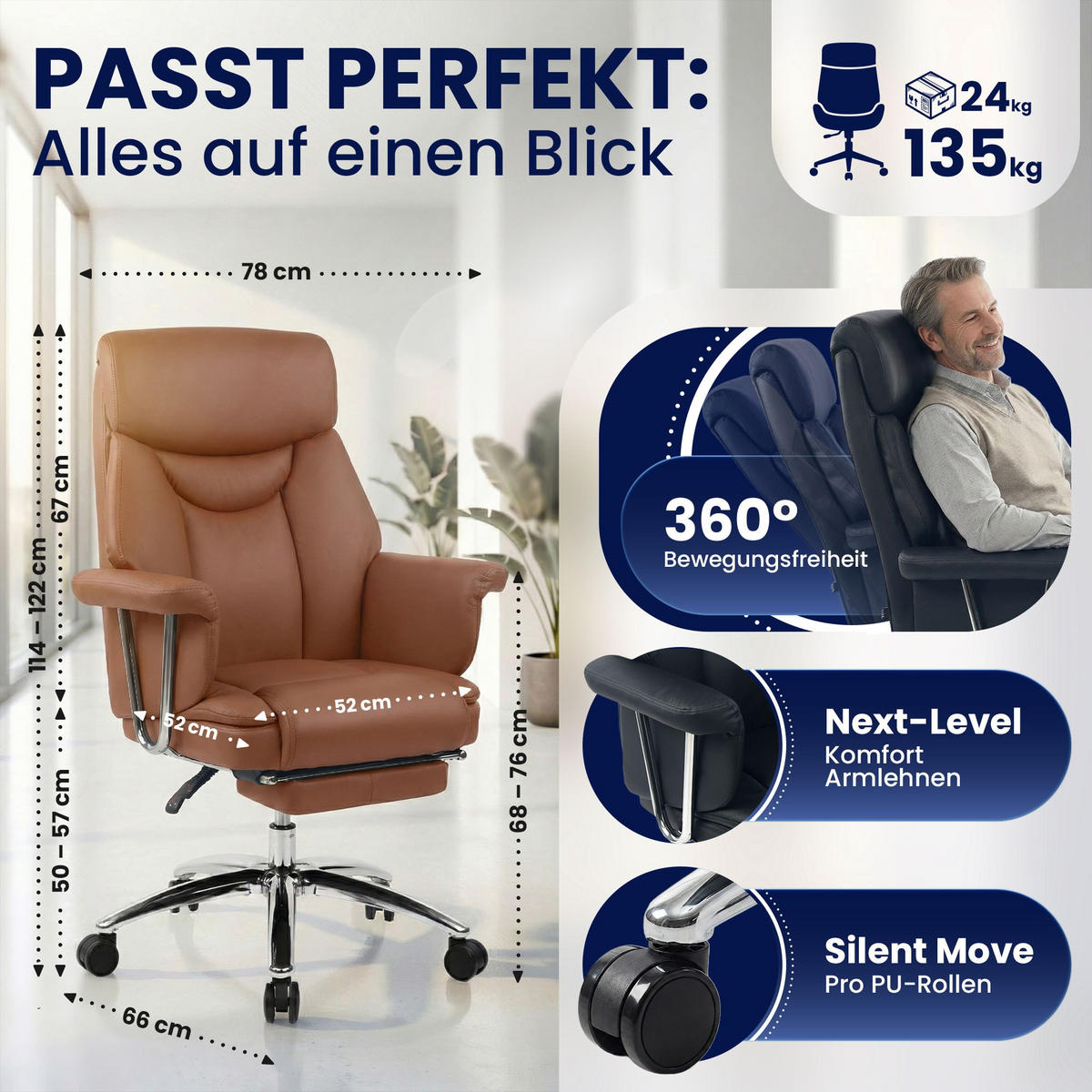 CHEFSESSEL Echtleder Braun - Chromfarben/Braun, Leder/Metall (78/114/66cm) - CLP