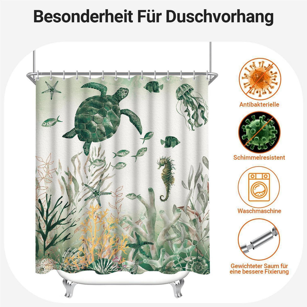 DUSCHVORHANG Meeresschildkröte 160 x 160 cm Textil Wasserabweisend - Grün, Textil (160/160cm)