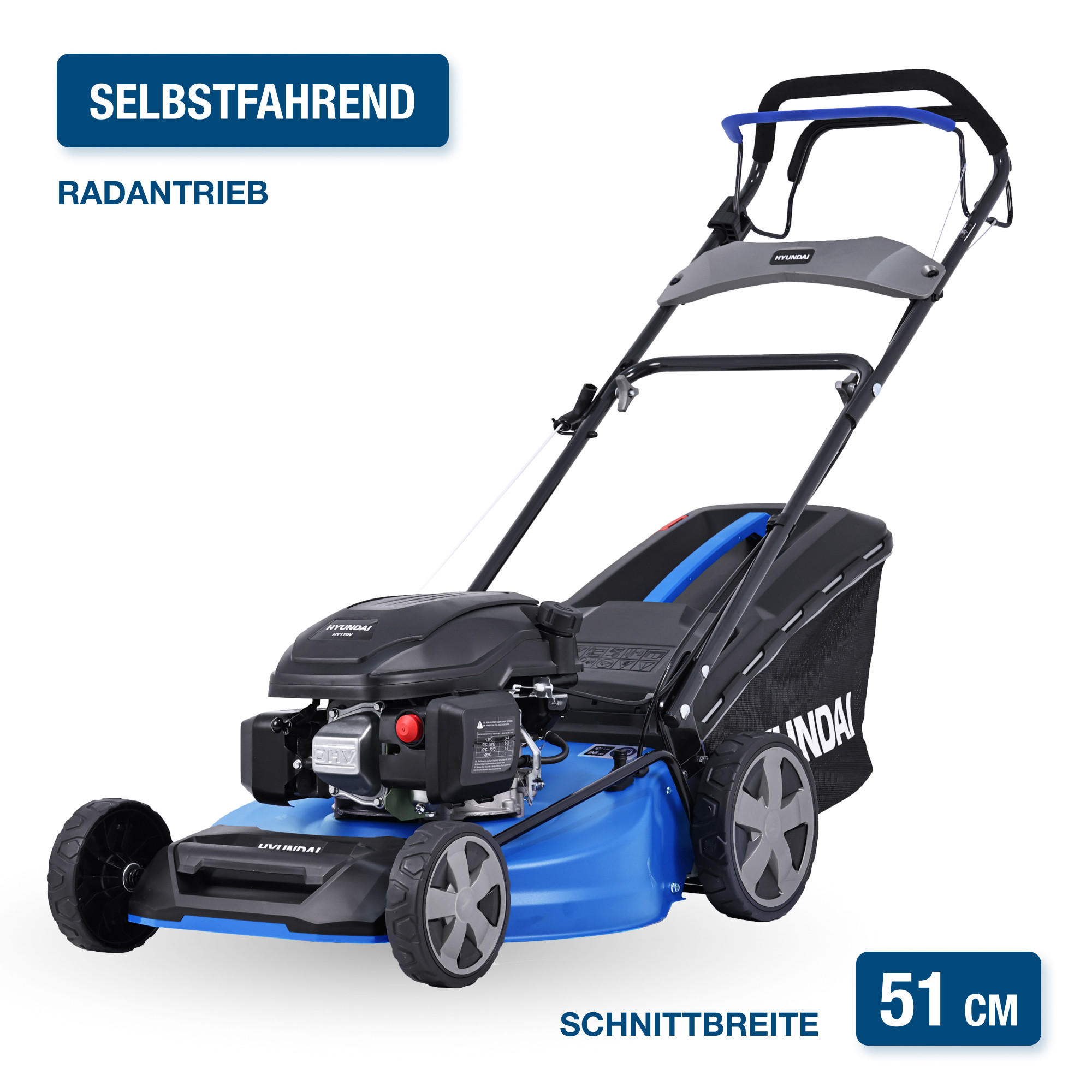 BENZIN-RASENMÄHER LM5122G (Mulcher/Mäher mit Radantrieb, 3.9 PS Hyundai Motor) - Blau, Metall (53/104/152.5cm) - HYUNDAI