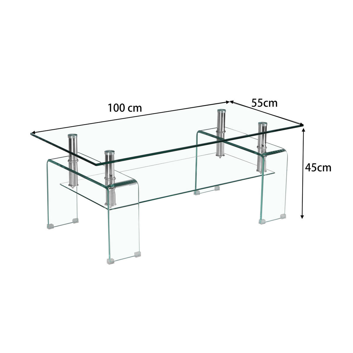 COUCHTISCH 100 x 55 x 45 cm Glas Metall Clear - Klar, Metall (100/55/45cm) - Meubliv