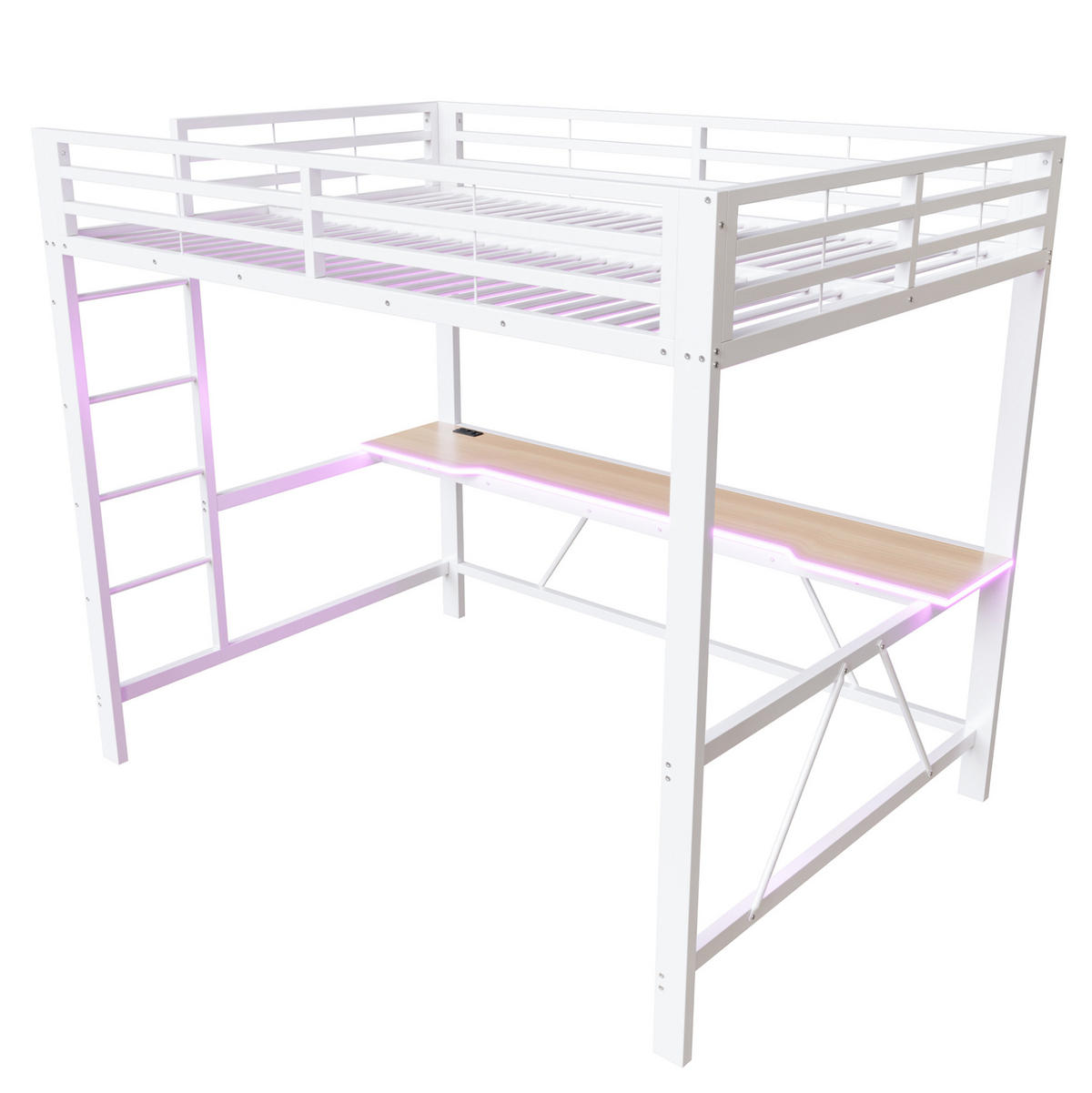 HOCHBETT 140/200 cm aus Metall und MDF mit Schreibtisch, LED-Beleuchtung und USB-Ladestation Weiß - Weiß, Holzwerkstoff (140/200cm) - Modenvie