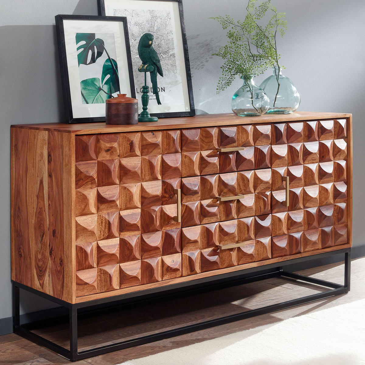 SIDEBOARD – Massivholz, 145x81x45 cm, Industrial-Stil, Metallgestell - Schwarz/Braun, Holz/Metall (145/81/45cm) - KADIMA DESIGN