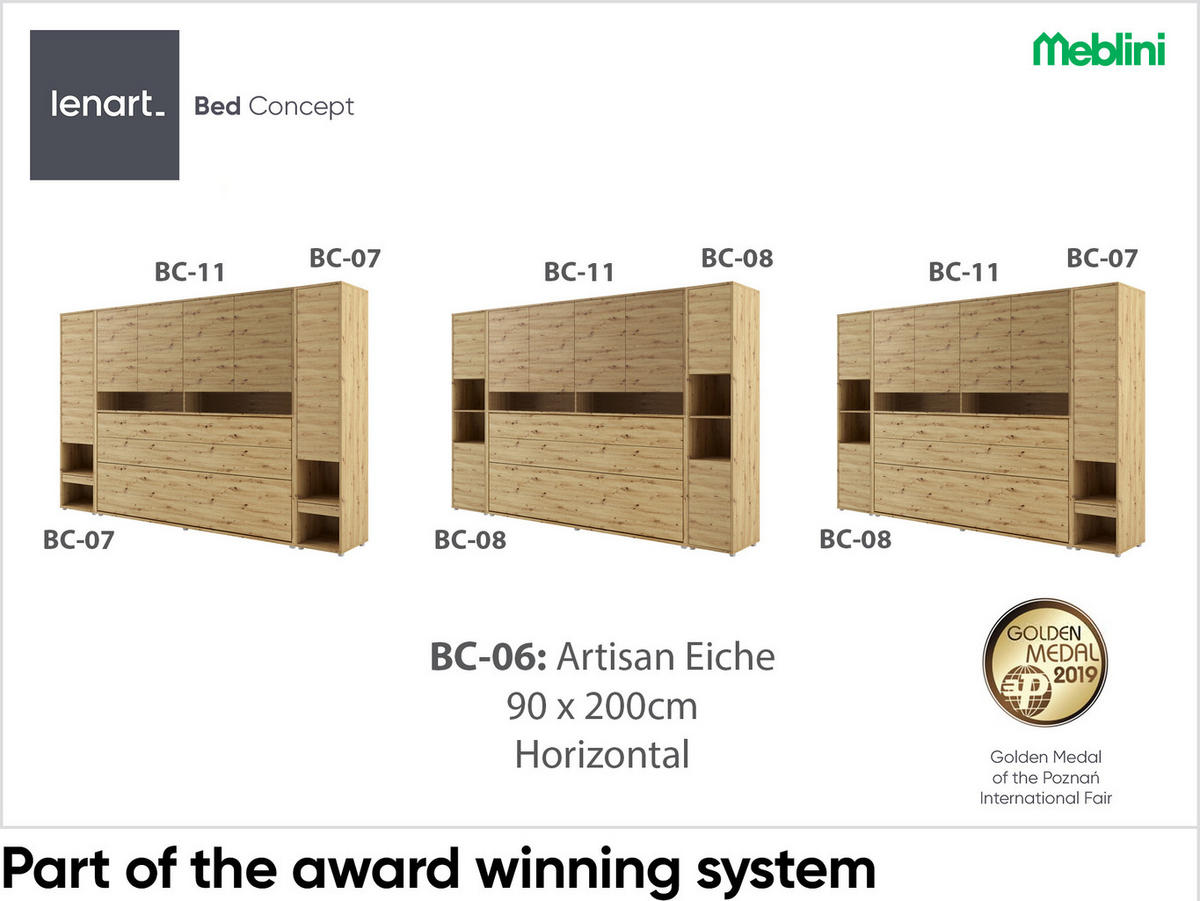 SCHRANKBETT BC-06 - 90x200cm Horizontal - Artisan Eiche - Eiche Artisan, Holzwerkstoff (200/90cm) - Meblini