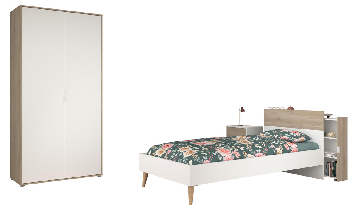 JUGENDZIMMER weiß, Eiche, Komplett-Set 4-teilig mit Stauraum - Eichefarben/Weiß, Holzwerkstoff/Kunststoff (95/205/206cm) - Parisot Meuble