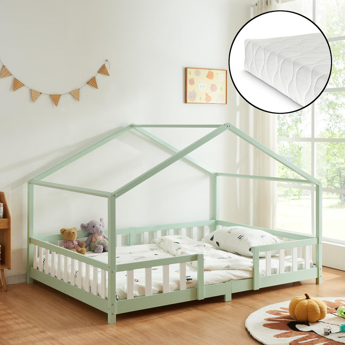 HAUSBETT Treviolo mit Matratze - Weiß/Mintgrün, Holz/Textil (140/200cm) - [en.casa]
