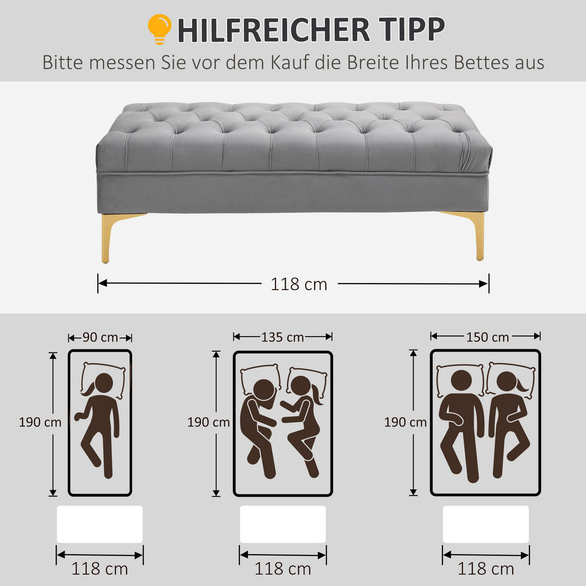 SITZBANK Bettbank Schuhbank mit erhöhten Beine Schlafzimmer Samt Hellgrau - Hellgrau, Kunststoff (45/42/118cm) - HOMCOM
