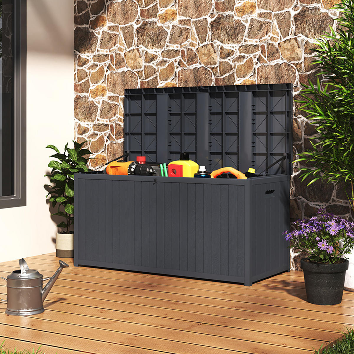 GARTENBOX 430L Aufbewahrungsbox Kissenbox aus PP-Kunststoff in Schwarz Abschließbar Wasserdicht Robuste Einfache Montage - Grau, Kunststoff (125/61.5/56cm) - Livingandhome