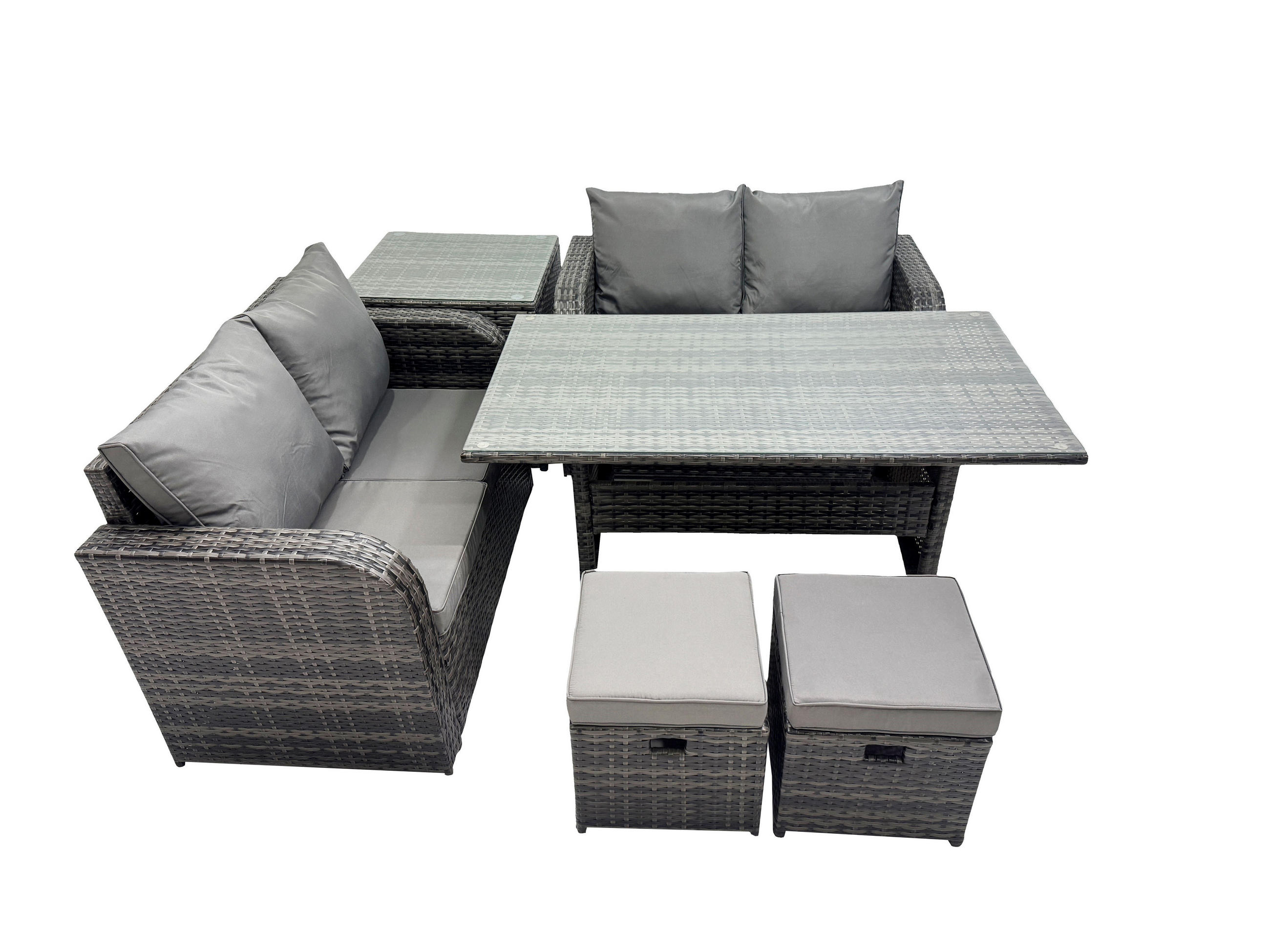 GARTENSET mit Zweisitzer,Hockern,Esstisch Polyrattan 6-Sitzer - Dunkelgrau/Grau, Glas/Kunststoff - Fimous