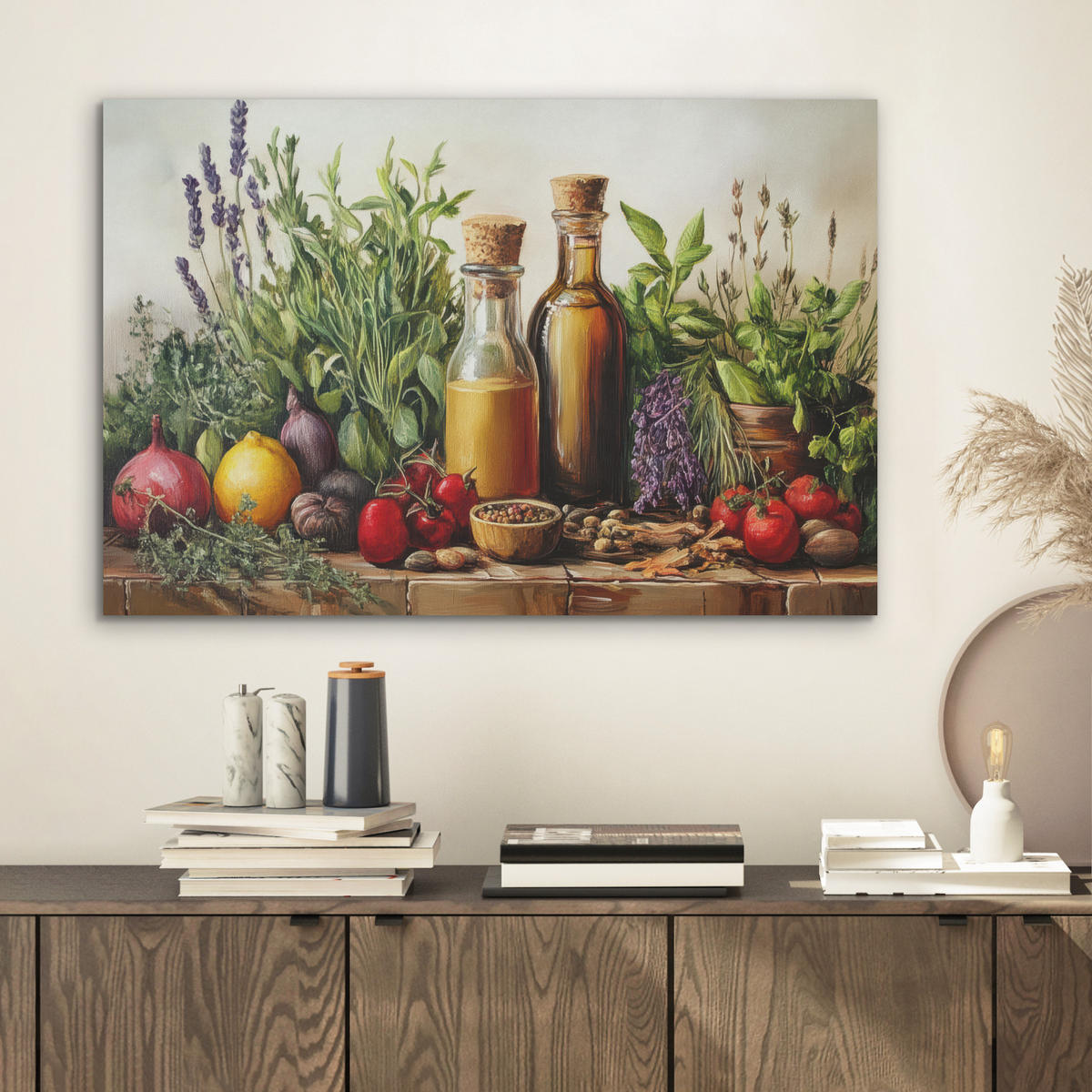 AKUSTIKBILD Stilleben - Kräuter - Gewürze - Früchte - Farbenfroh Wanddeko 70x50 cm - Grün, Kunststoff (70/50/0.9cm) - MuchoWow