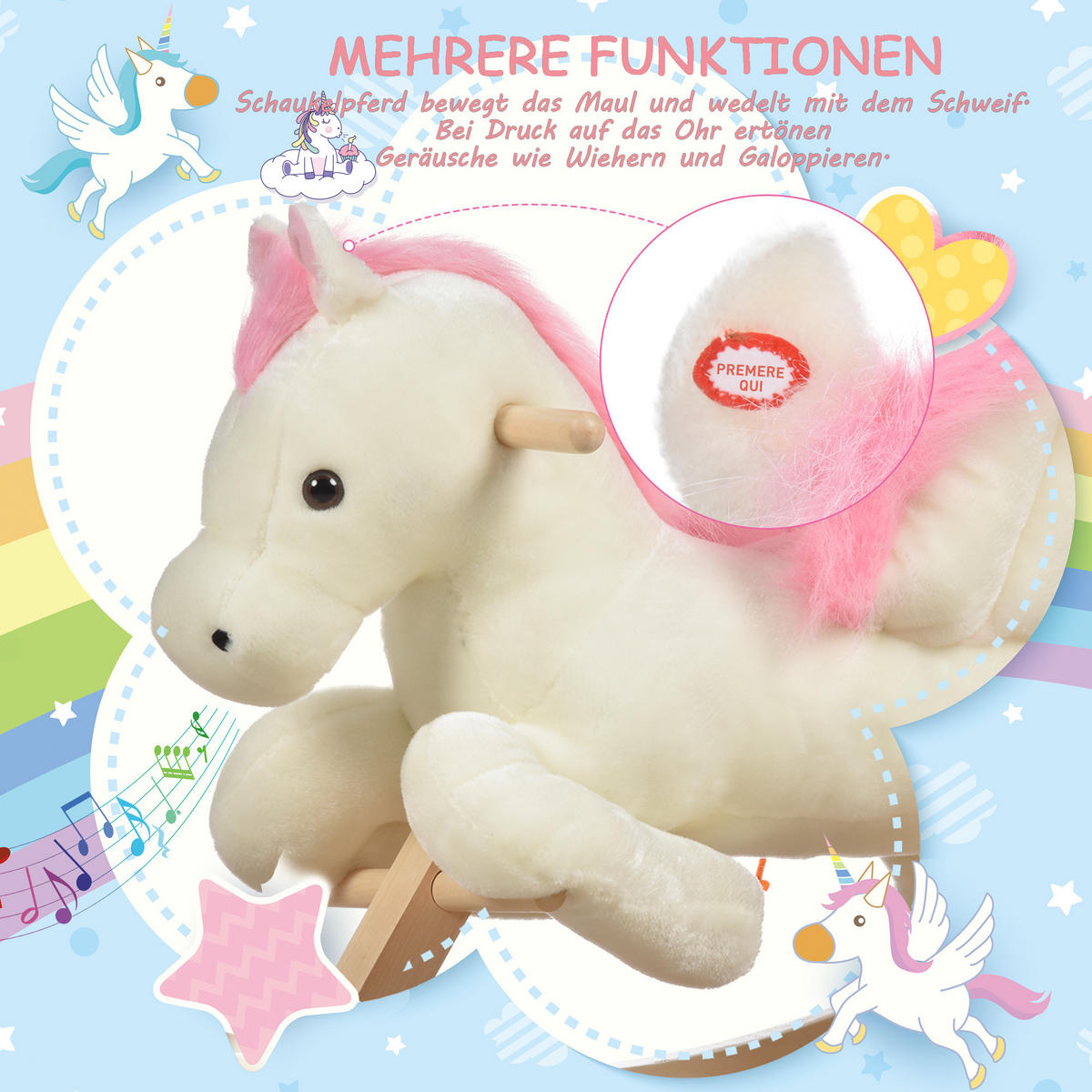 KINDER SCHAUKELTIER, Weiß+Rosa, Plüsch+ Holz - Weiß, Holz (28/57/70cm) - HOMCOM