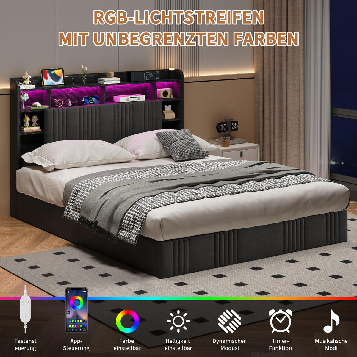 MODERNES POLSTERBETT 160x200 cm mit Stauraum, LED RGB und integrierter Ladestation – Dunkelgrau Leinen - Grau, Holz - SHOPENTRA