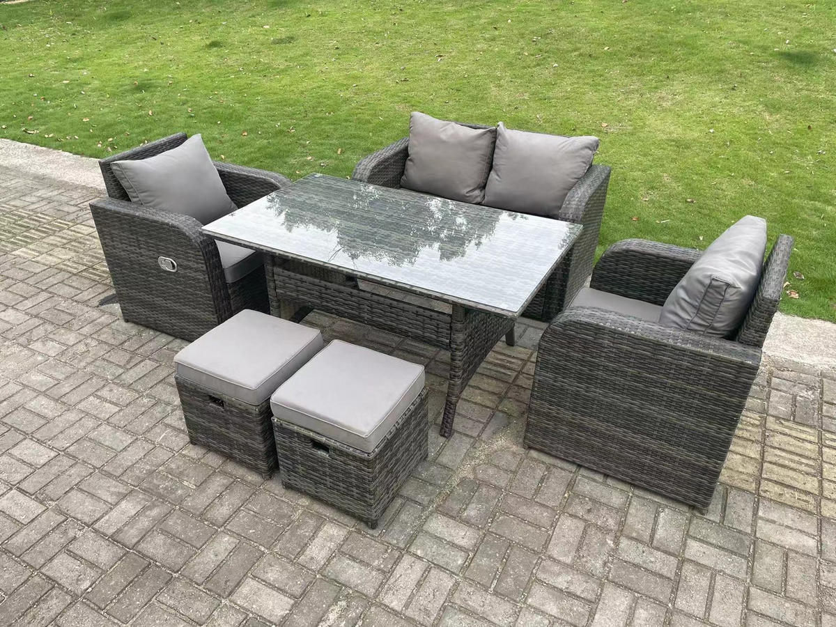 GARTENMÖBELGARNITUR mit Esstisch Polyrattan Dunkelgrau 6-Sitzer - Dunkelgrau/Grau, Glas/Kunststoff - Fimous